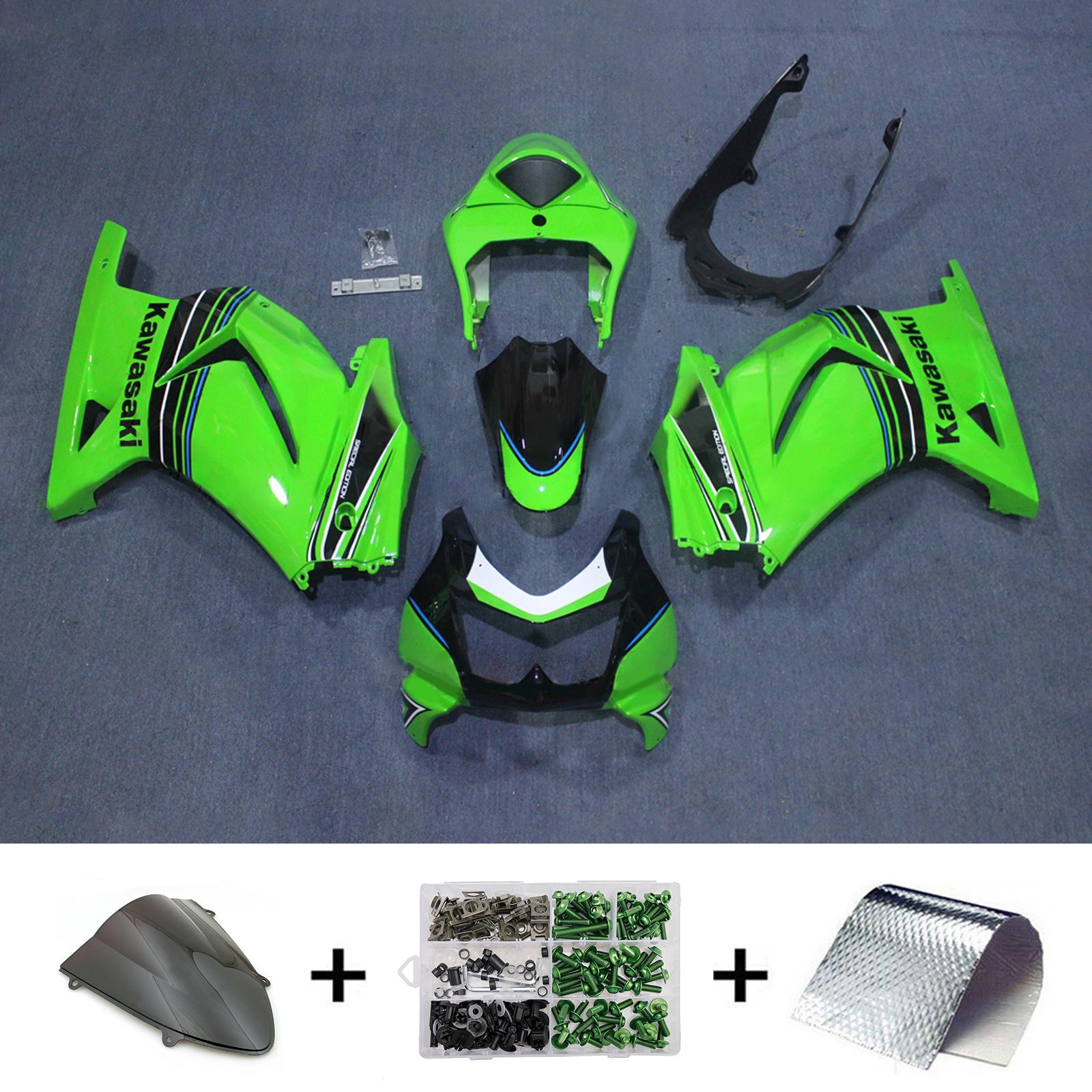 Amotopart 2008-2012 Kawasaki EX250/Ninja250R Green Black Fairing Kit