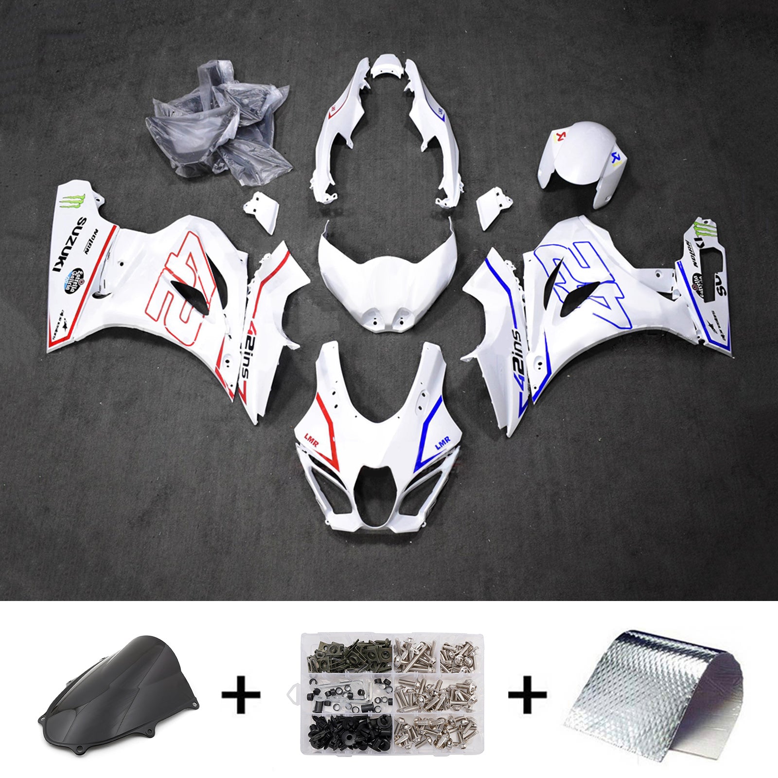 Amotopart 2017-2025 Suzuki GSXR1000 Hvid Rød Blå Fairing Kit