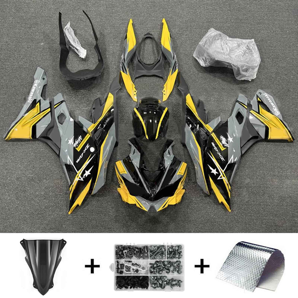 Amotopart 2019-2024 Ninja ZX-25R ZX-4R ZX-4RR Kawasaki Kit de carenado gris y amarillo