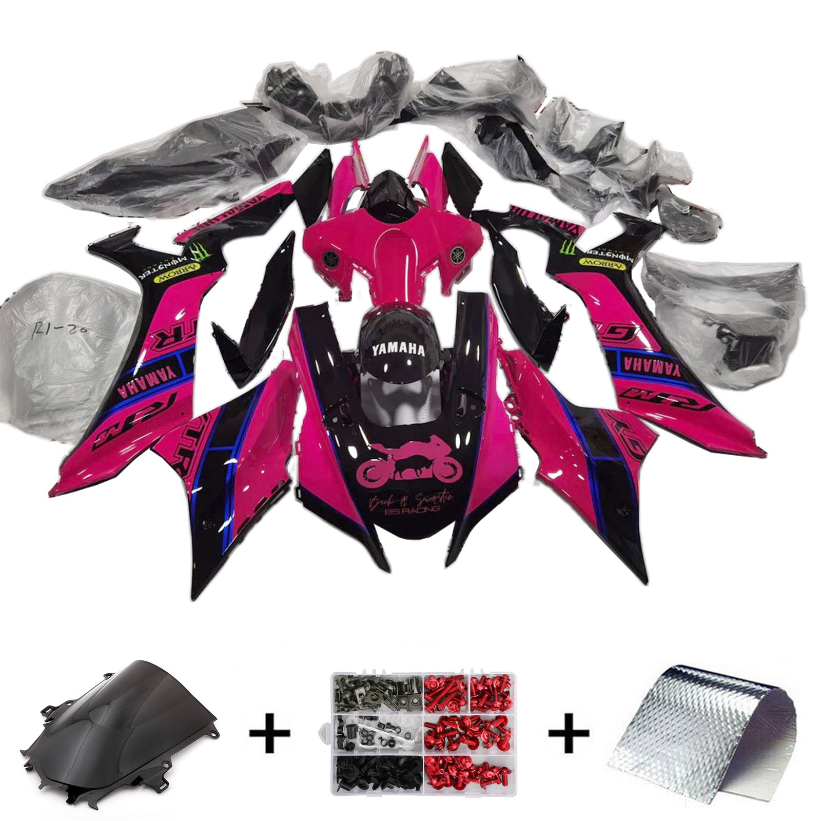 Kit de carénage Amotopart 2020-2024 Yamaha YZF R1 noir rose