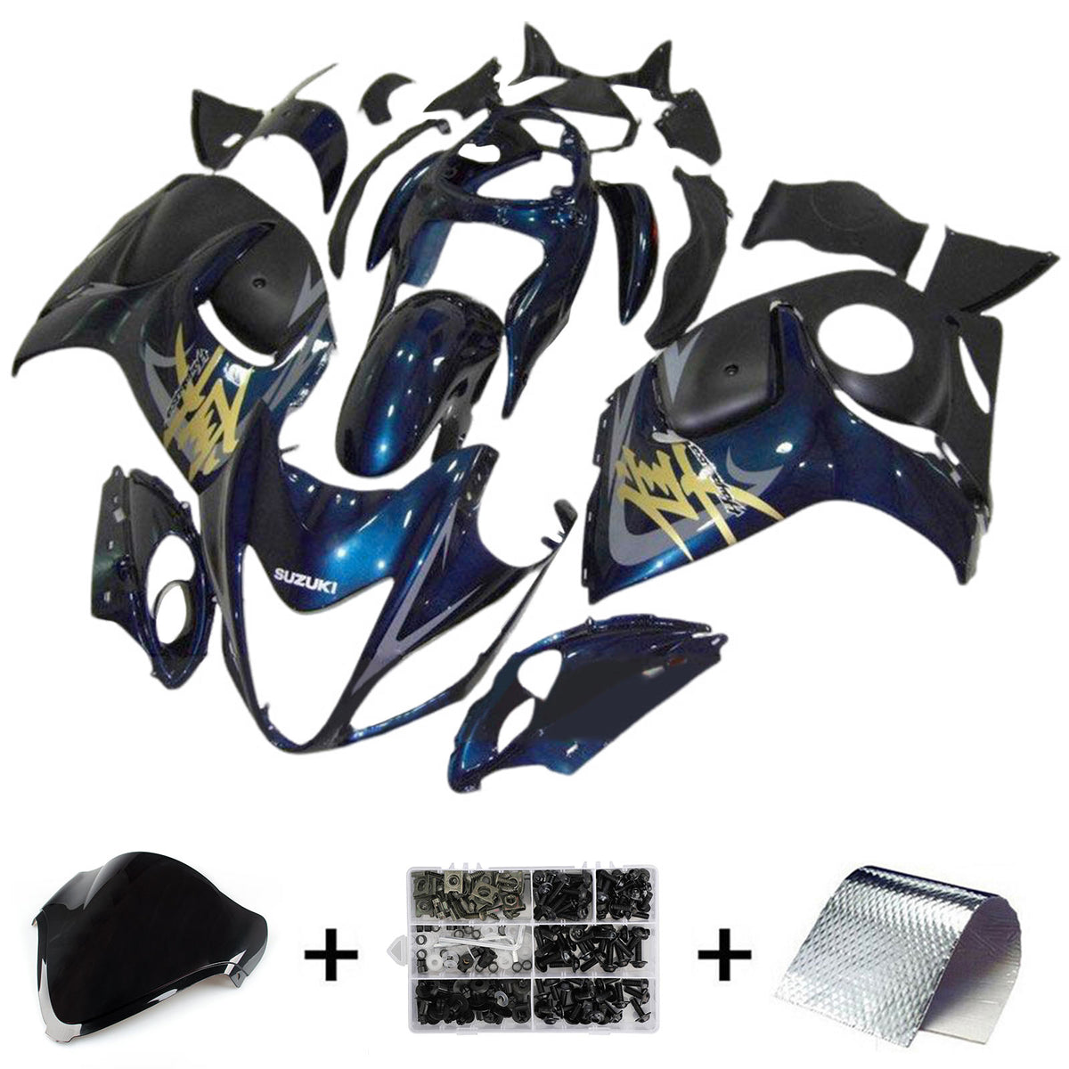 Amotopart 2008-2020 GSX1300R Hayabusa Suzuki Kit de carénage bleu foncé avec logo doré