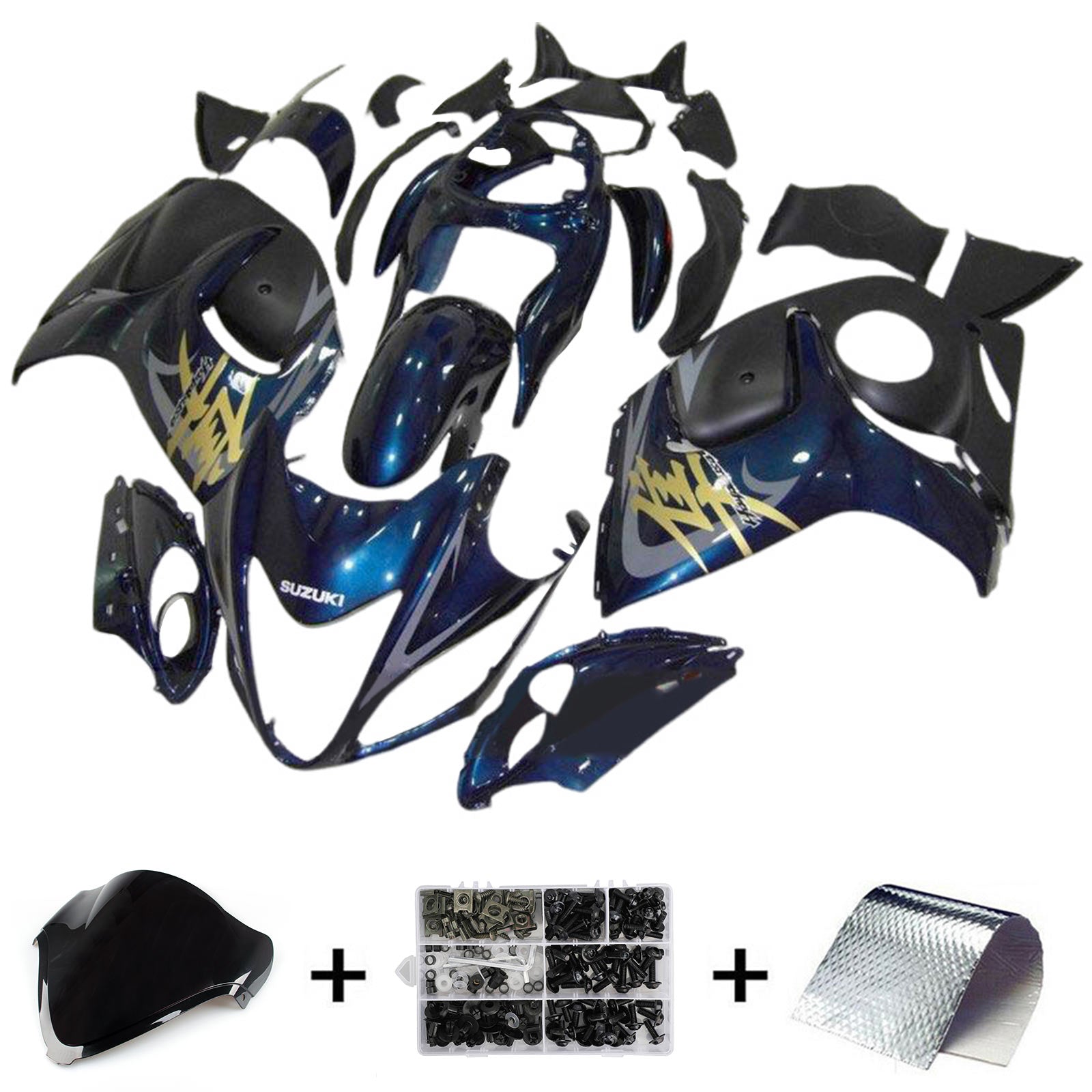 Amotopart 2008-2020 GSX1300R Hayabusa Suzuki Dark Blue with Gold Logo Fairing Kit