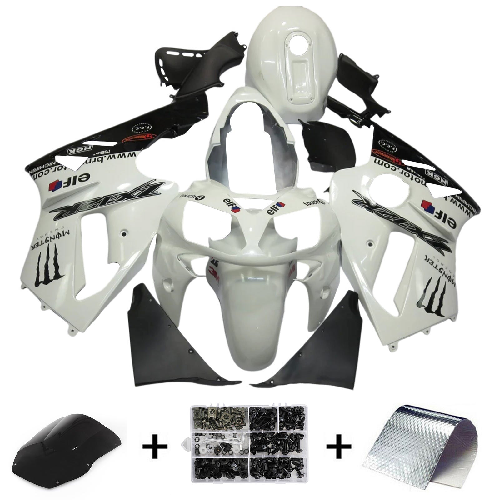 Kit carena Amotopart 2000-2001 Kawasaki ZX12R bianco nero lucido