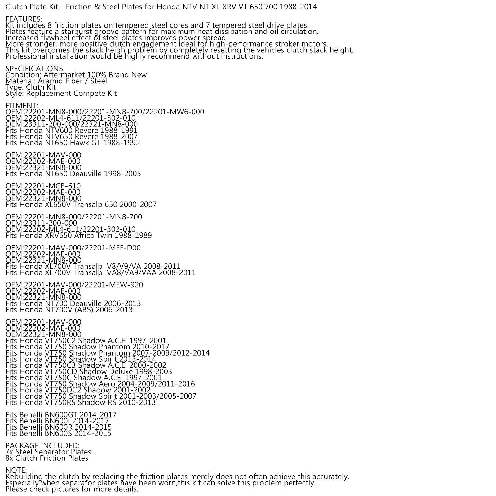Kupplungssatz aus Stahl und Reibscheiben für Honda NTV NT XL XRV VT 650 700 1988–2014