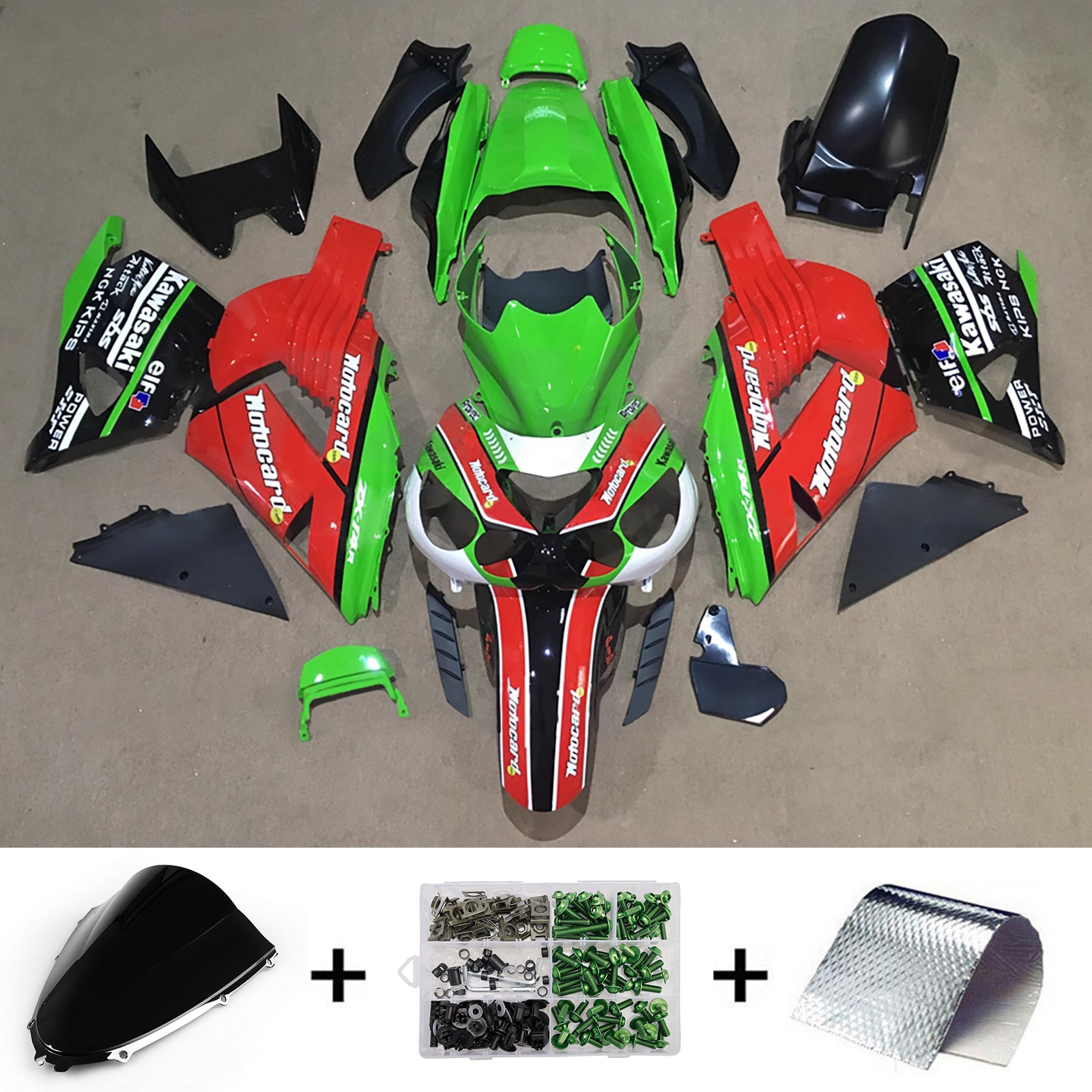 Amotopart 2012-2025 Kawasaki ZX14R ZZR1400 Green Red Black Fairing Kit