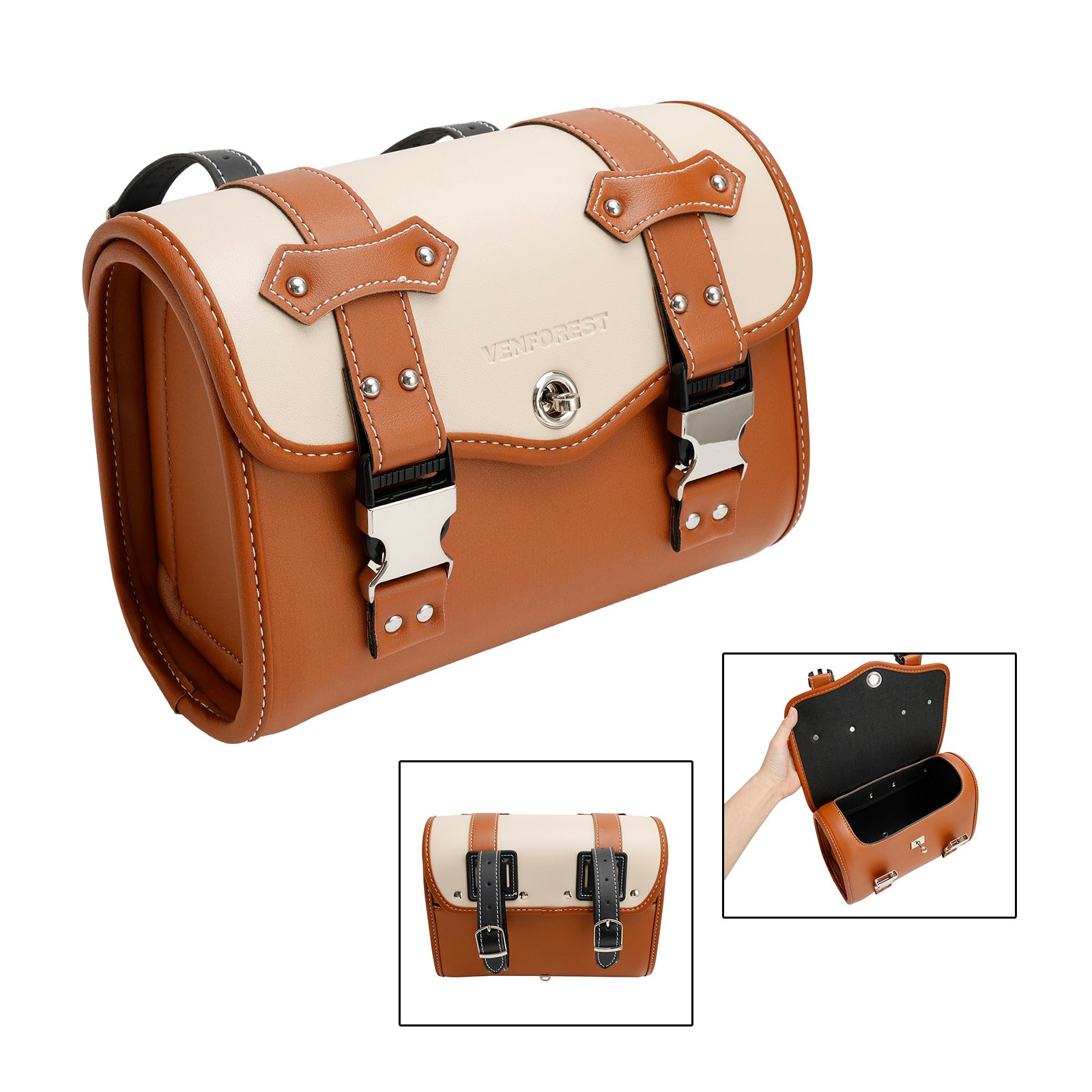 Color Matching Side Saddlebag Tool Bag Luggage Pouch Storage Pu For Motorbike Brown-White