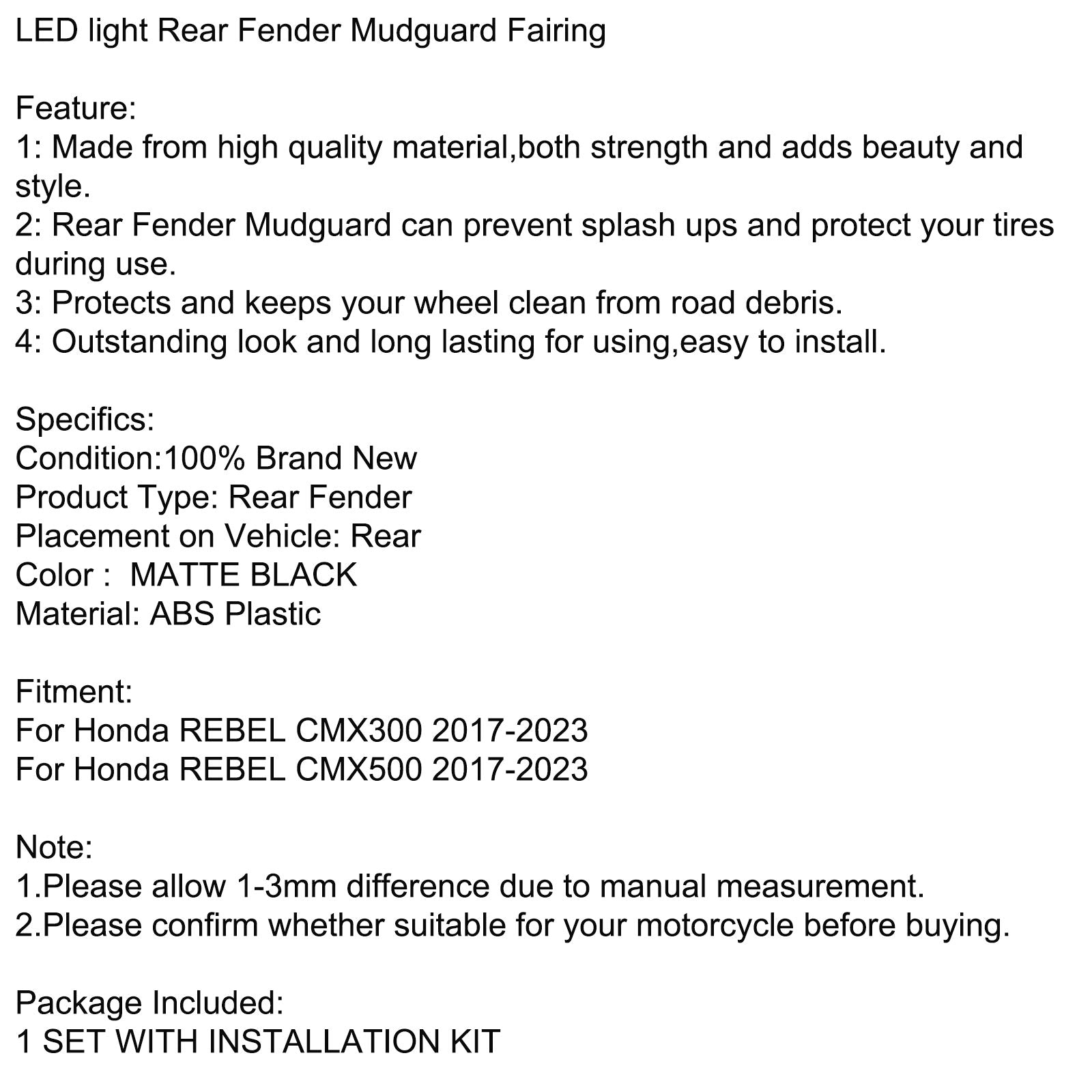 LED light Rear Fender Mudguard Fairing For Honda REBEL CMX 300 500 2017-2023