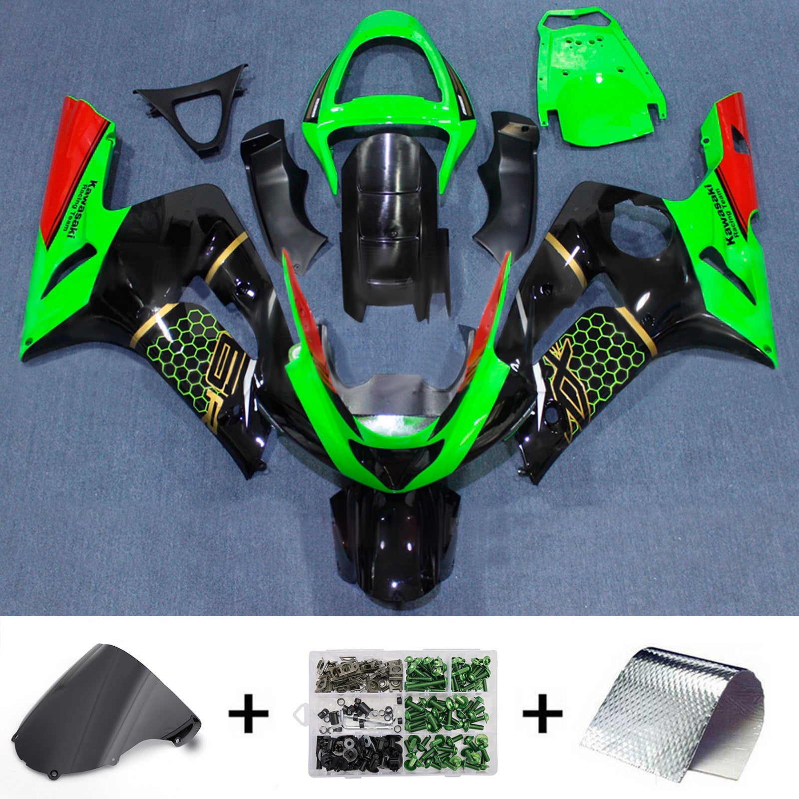 Amotopart 2003-2004 Kawasaki ZX6R 636 Green Black Red Fairing Kit