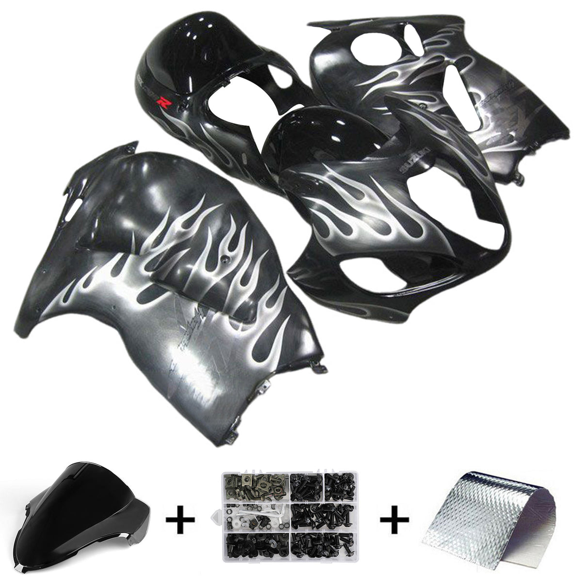 Amotopart 1999-2007 GSX1300R Hayabusa Suzuki Gris avec kit de carénage flamme blanche