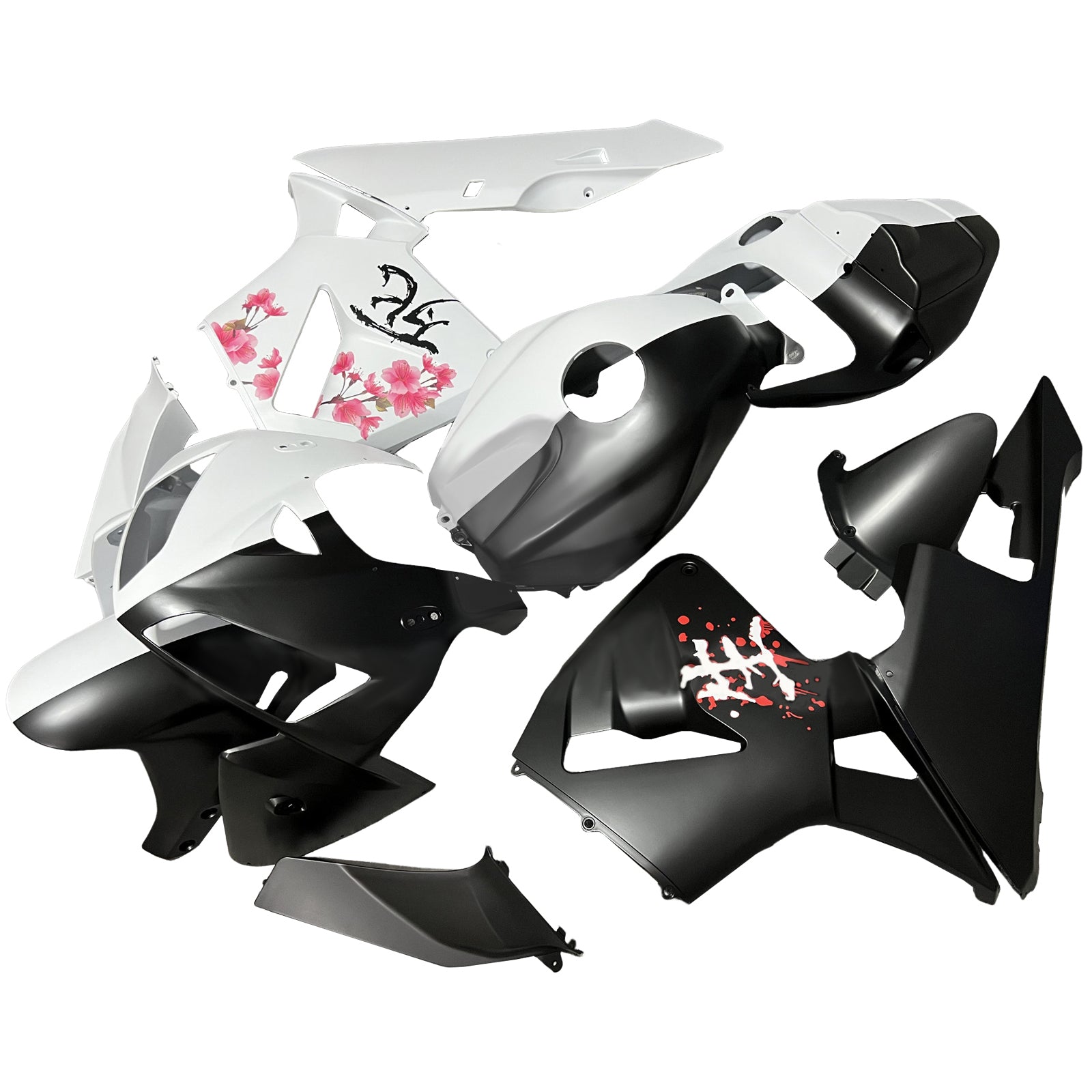 Amotopart 2005-2006 Honda CBR600RR Black White Cherry Blossom Fairing Kit