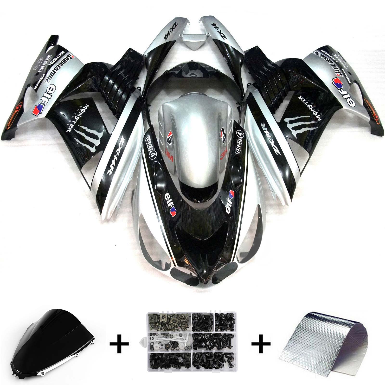 Amotopart 2006–2011 Kawasaki ZX14R Verkleidungsset in Grau und Schwarz