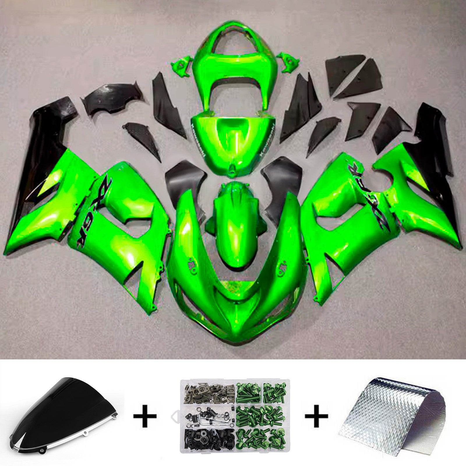 Amotopart 2005-2006 Kawasaki ZX6R 636 Glossy Green Black Fairing Kit