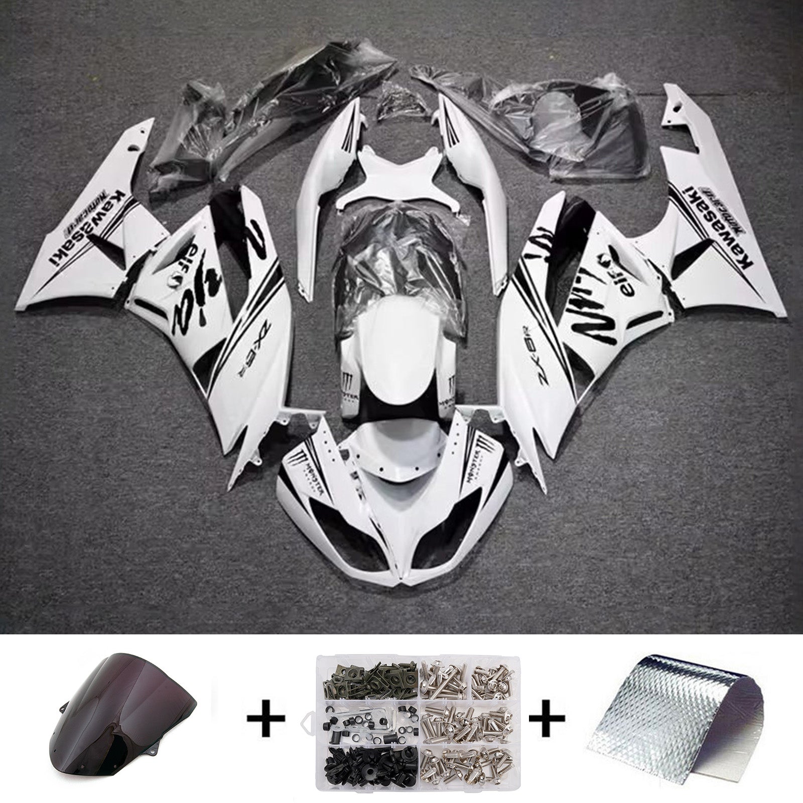 Amotopart 2009-2012 Kawasaki ZX6R 636 Black & White Fairing Kit