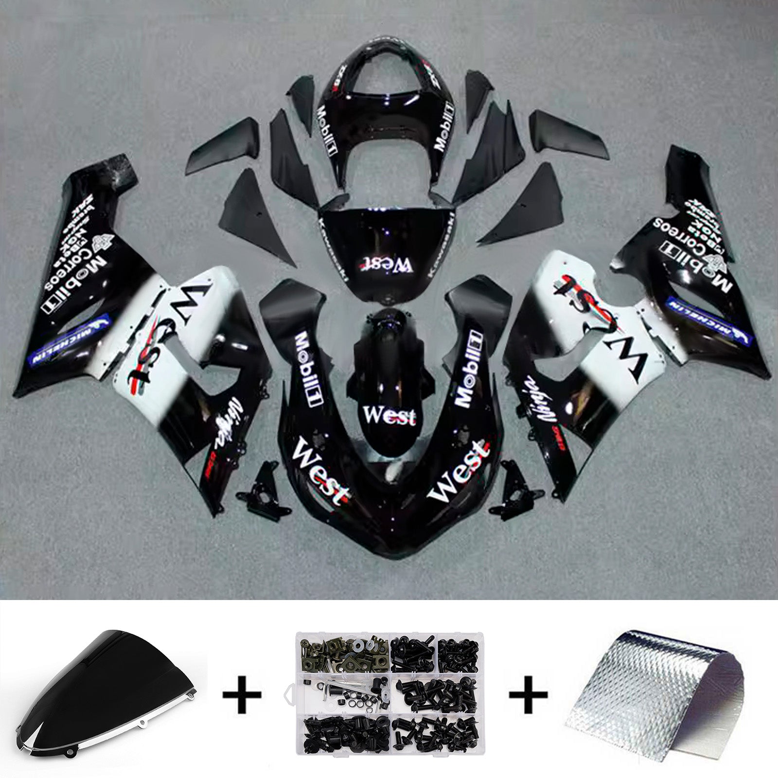 Amotopart 2005-2006 Kawasaki ZX6R 636 Black & White Fairing Kit