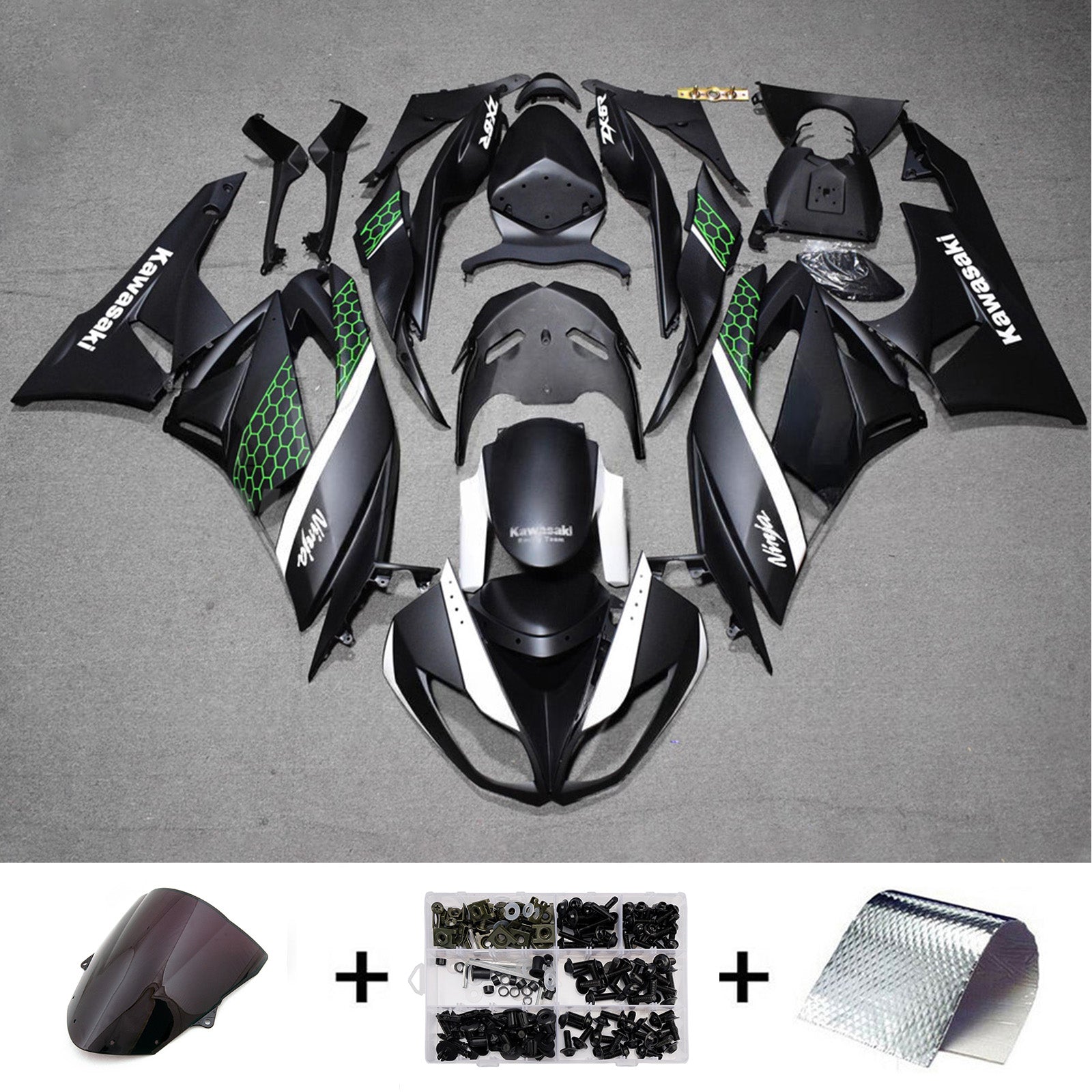 Amotopart 2009-2012 Kawasaki ZX6R 636 Black Green Fairing Kit