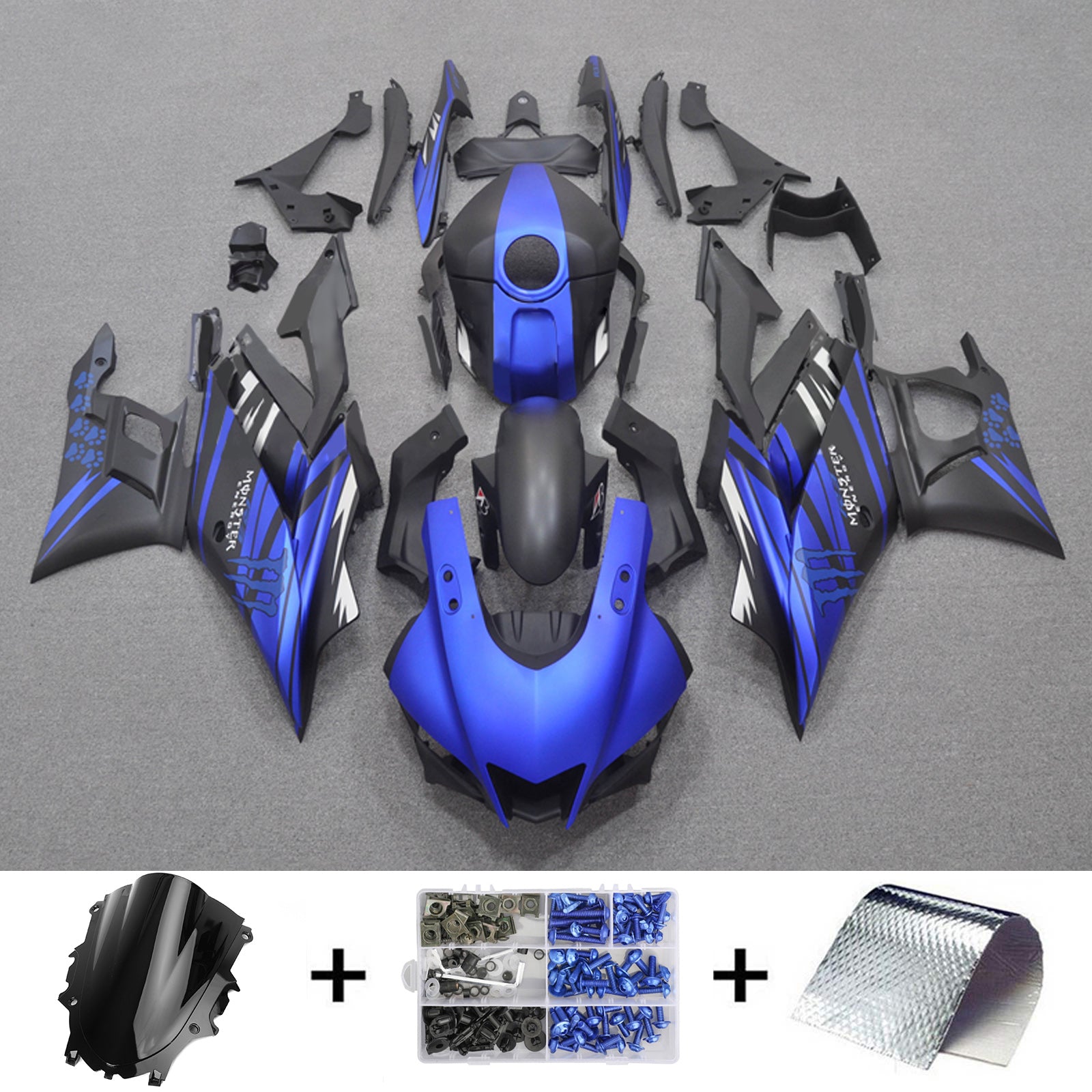 Amotopart 2022-2024 Yamaha YZF-R3 & R25 Kit de carénage bleu noir mat