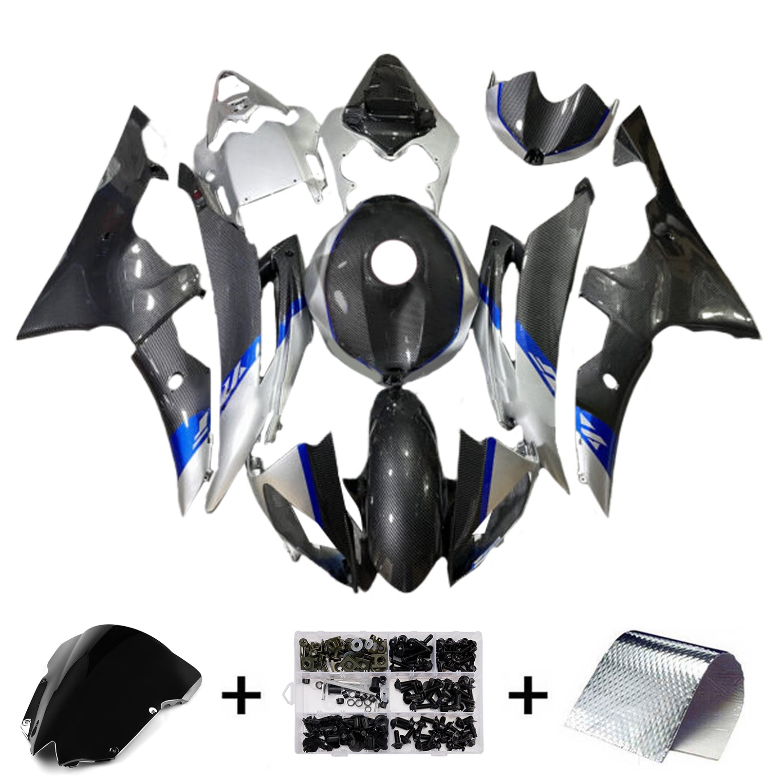 Amotopart 2008-2016 Yamaha YZF-R6 White & Black Carbon Fiber Pattern Fairing Kit