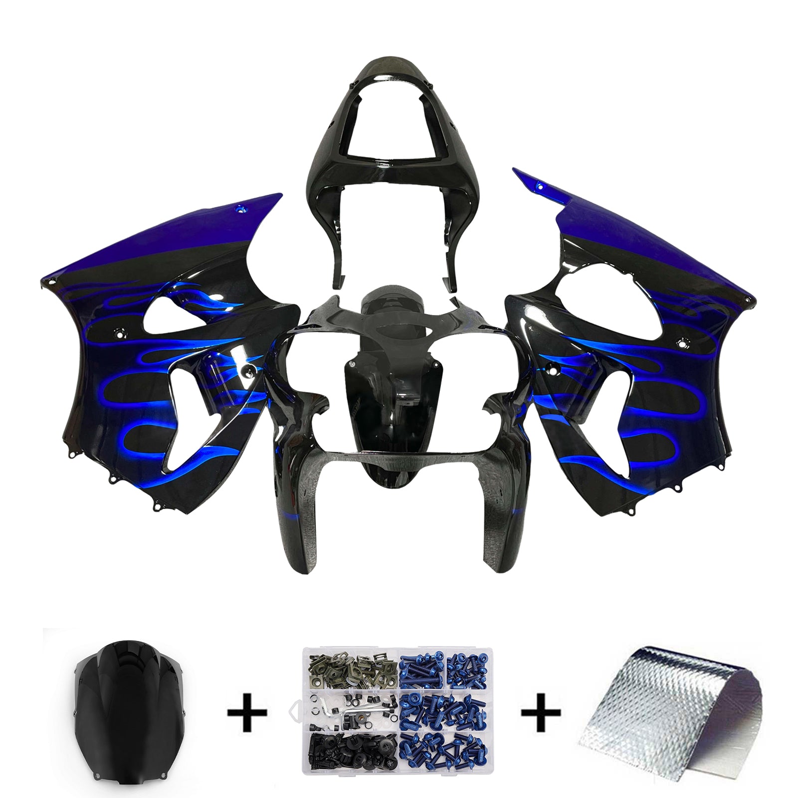 Amotopart Kawasaki 00-02 ZX6R 636 & 05-08 ZZR600 Schwarz-Blau-Verkleidungssatz