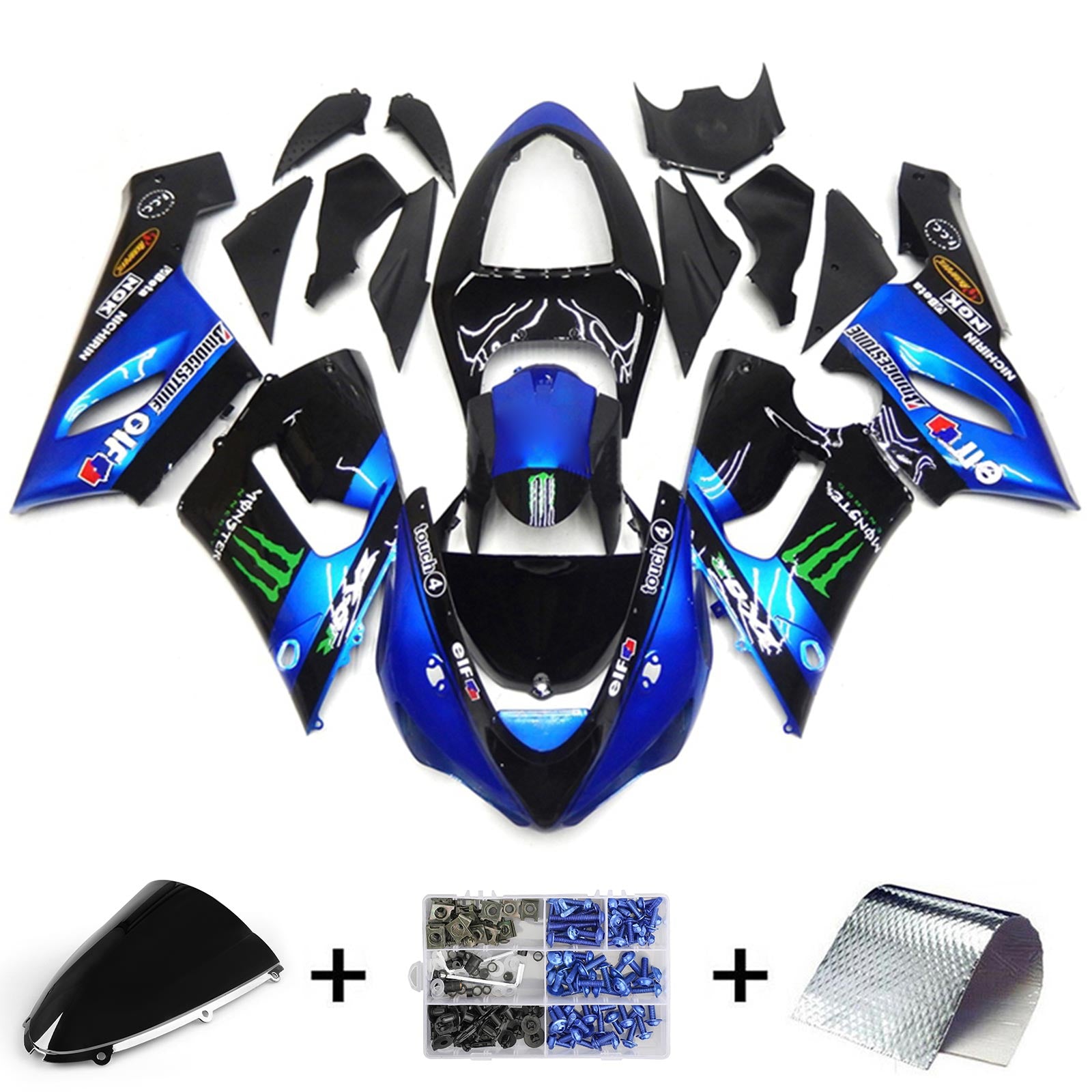 Amotopart 2005-2006 Kawasaki ZX6R 636 Kit de carenado azul y negro