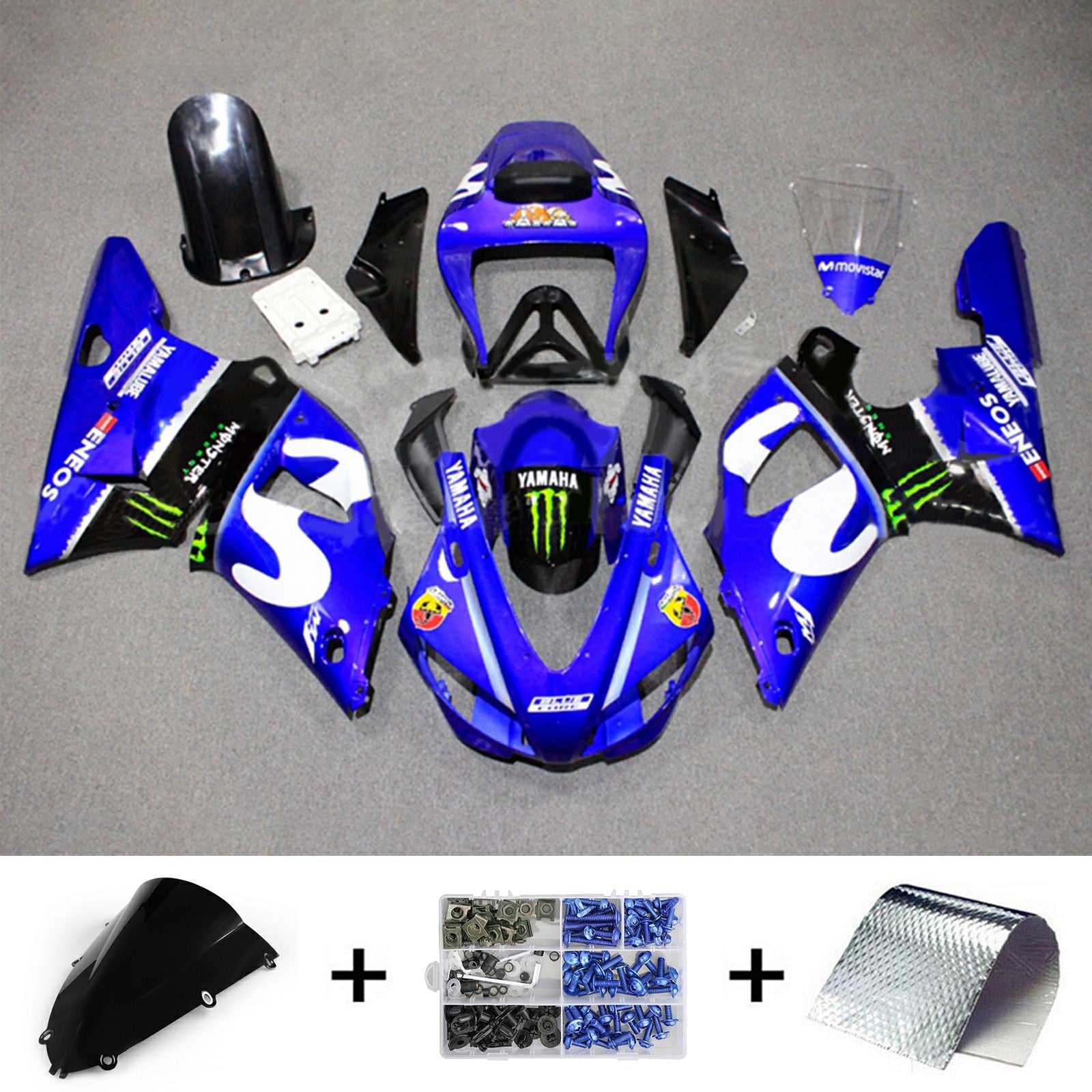 Amotopart 1998–1999 Yamaha YZF 1000 R1 Blau-Weiß mit Monster-Logo Style3 Verkleidungsset