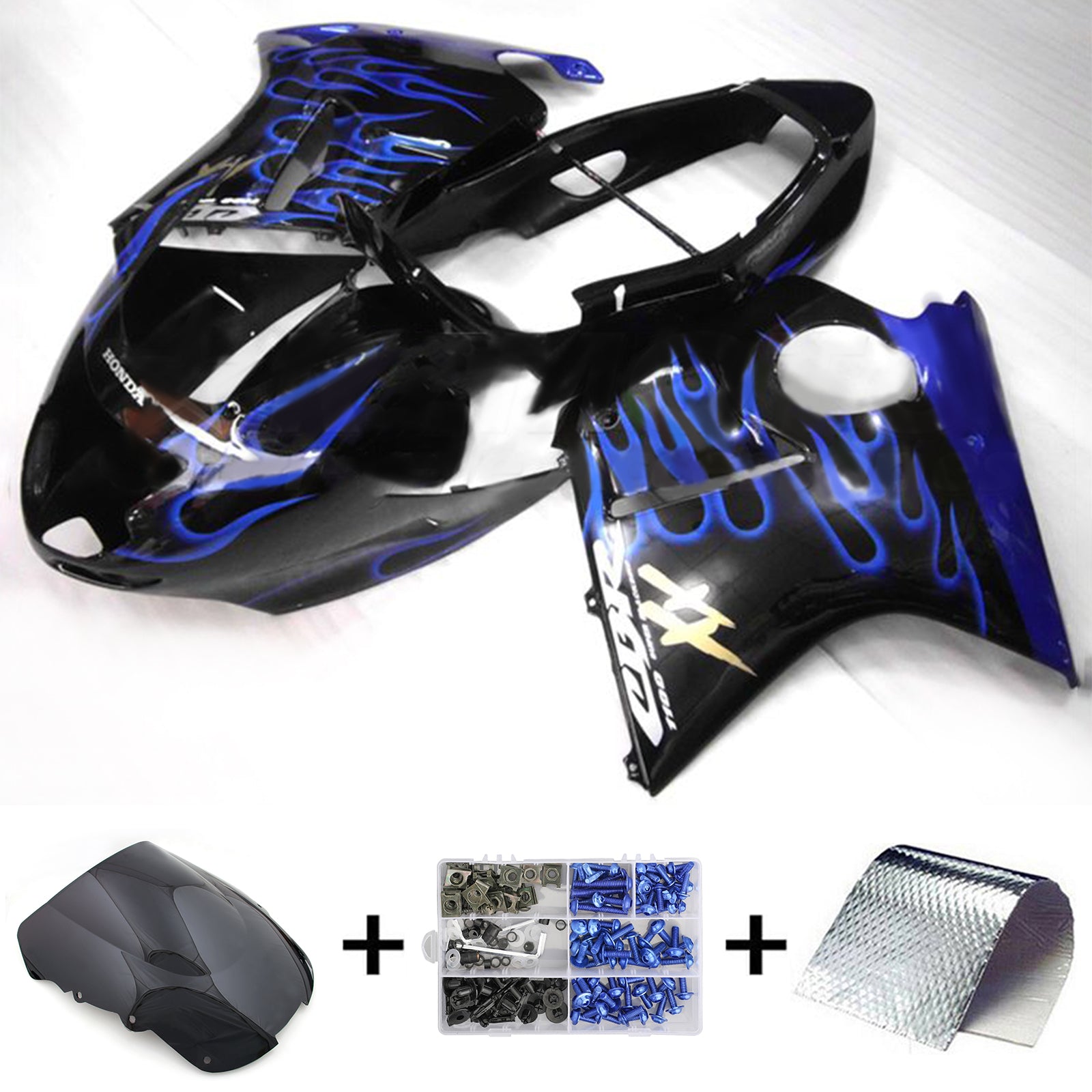 Amotopart 1996–2007 CBR1100XX SuperBlackBird Honda Schwarz mit Blue Flame Verkleidungsset