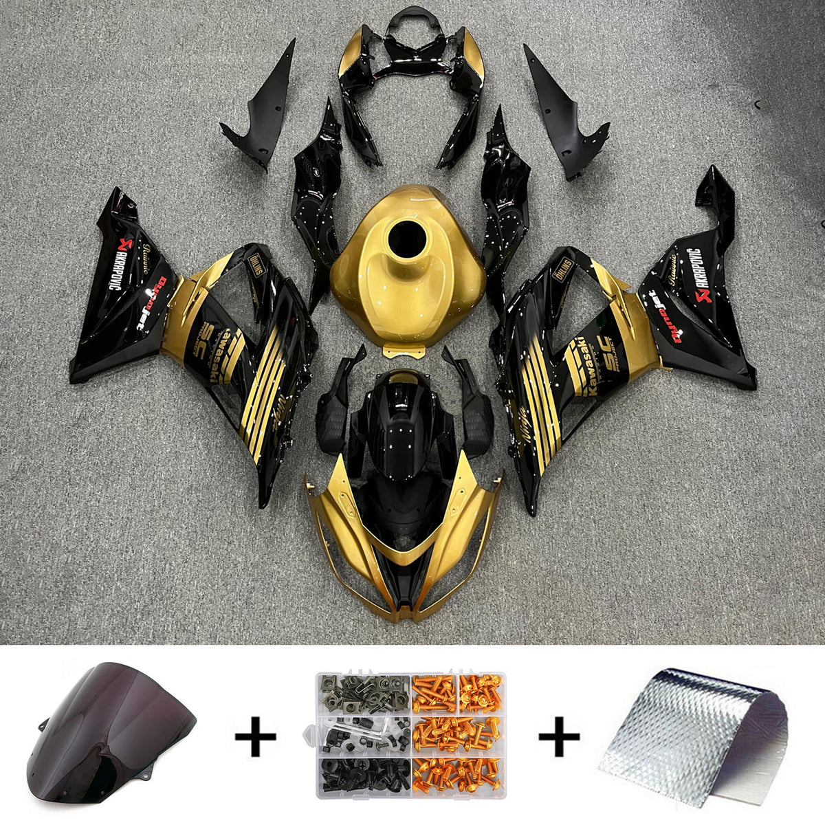 Amotopart Kawasaki ZX6R 636 2013-2018 Kit de carénage Style3 or et noir