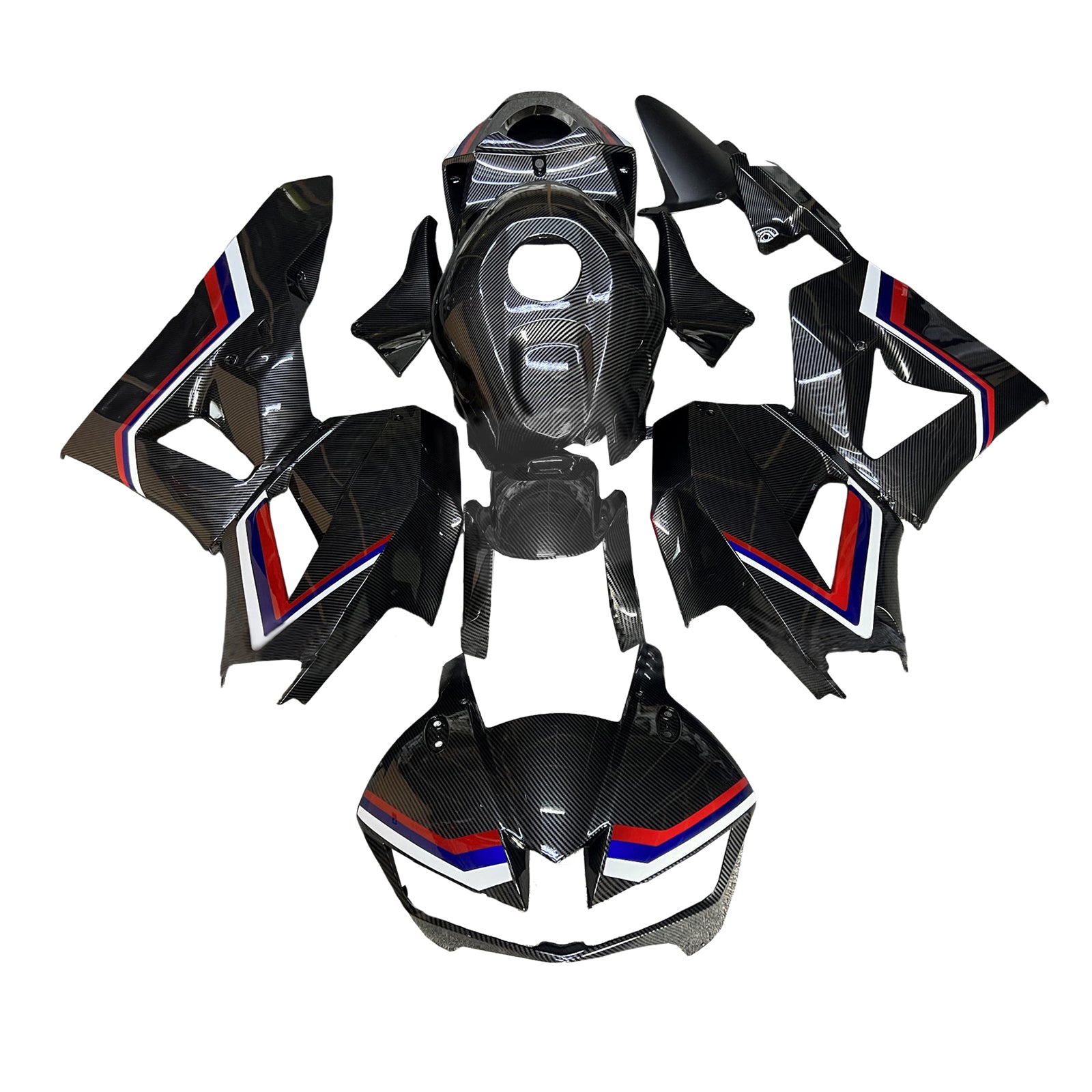 Amotopart 13-25 version américaine & Kit de carénage en fibre de carbone pour Honda CBR600RR (version européenne 2013-2023) à motif rouge, bleu et blanc