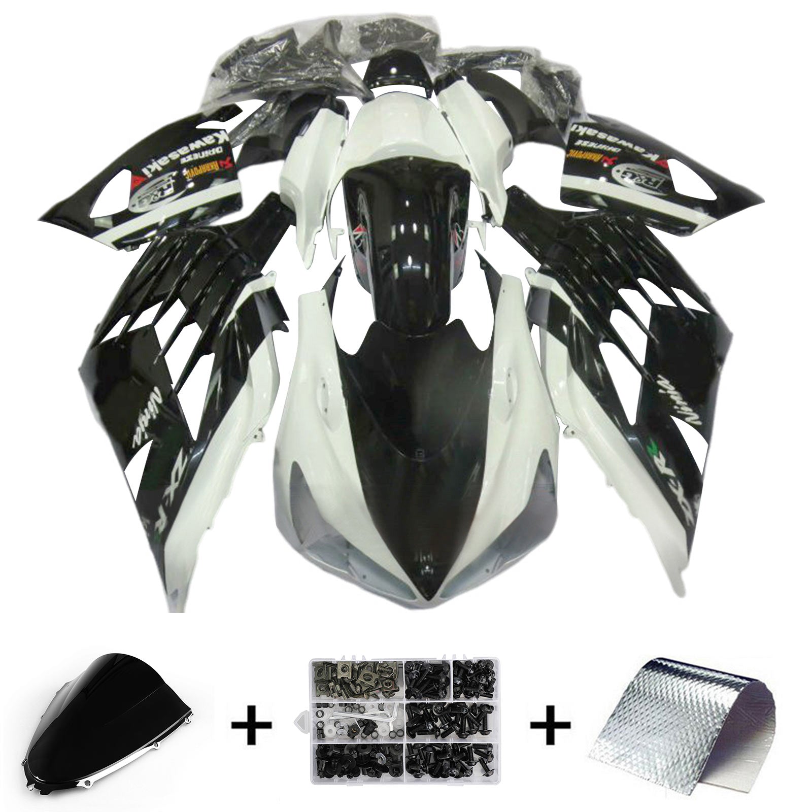 Amotopart 2012–2022 Kawasaki ZX14R ZZR1400 Schwarz-weißes Verkleidungsset