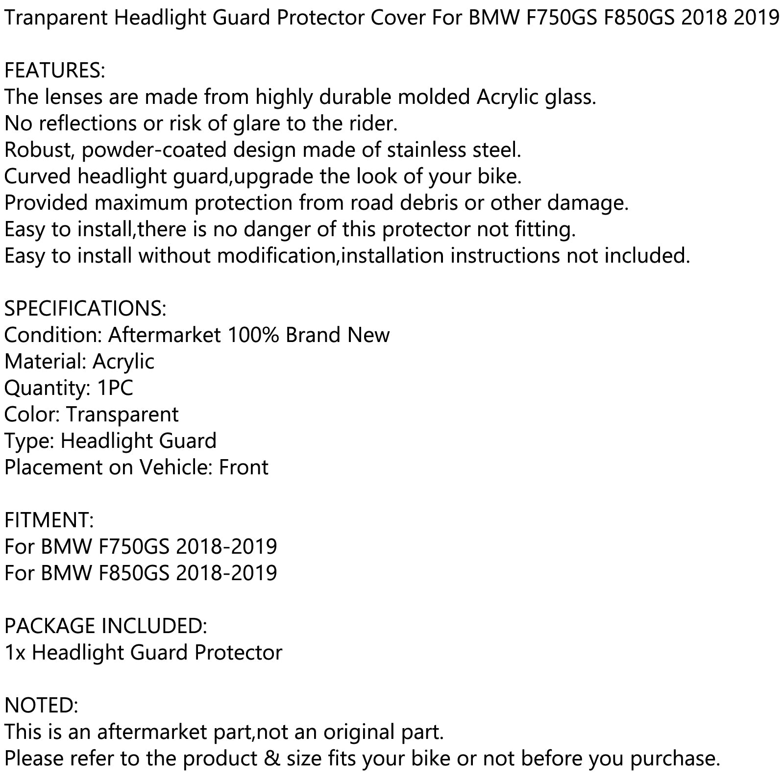 透明ヘッドライトガードプロテクターカバー BMW F750GS F850GS 2018-2021用