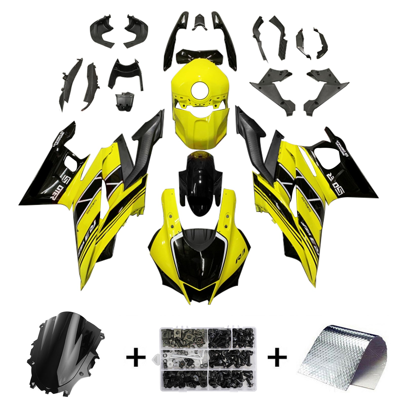 Amotopart Yamaha 2019-2021 YZF R3/YZF R25 Kit de carénage jaune et noir Style1