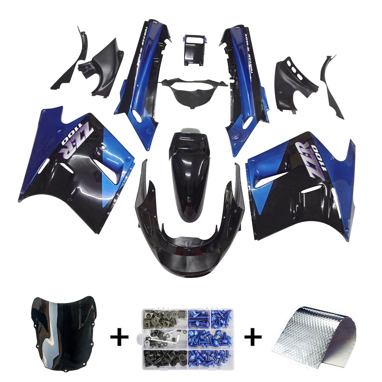 Amotopart 1990-1992 Kawasaki ZZR1100 Verkleidungssatz, Schwarz/Blau