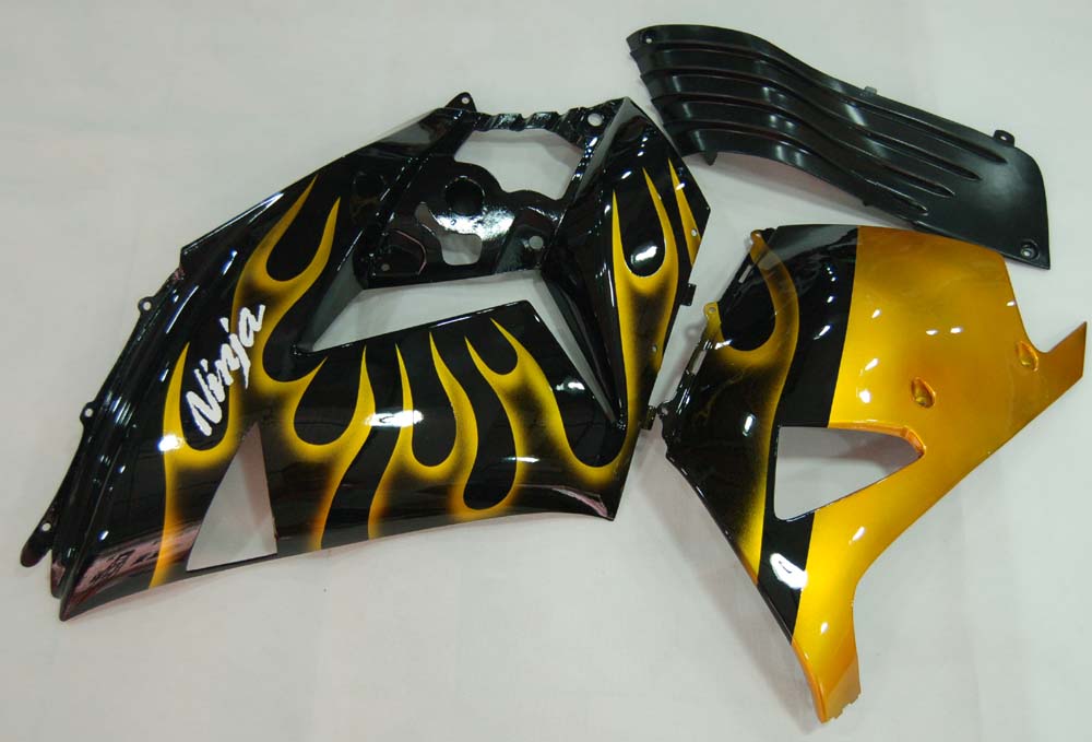 Amotopart 2006–2011 Kawasaki ZX14R Schwarz mit gelber Flamme Verkleidungsset