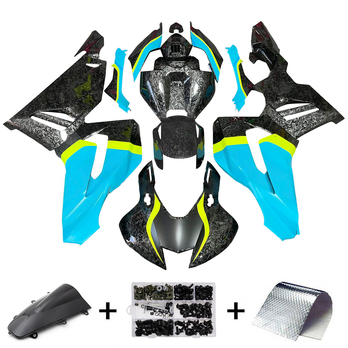 Amotopart 2020-2023 Honda CBR1000RR-R Black Blue Yellow Forged Carbon Fiber Pattern Fairing Kit