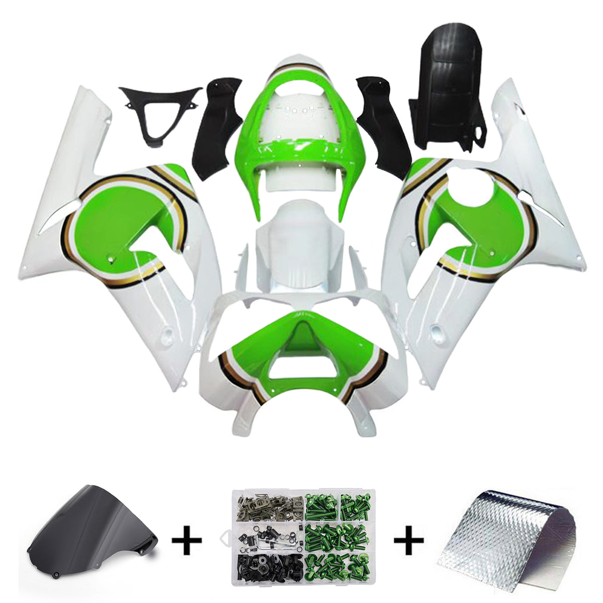 Amotopart 2003-2004 Kawasaki ZX-6R 636 White Black Green Fairing Kit
