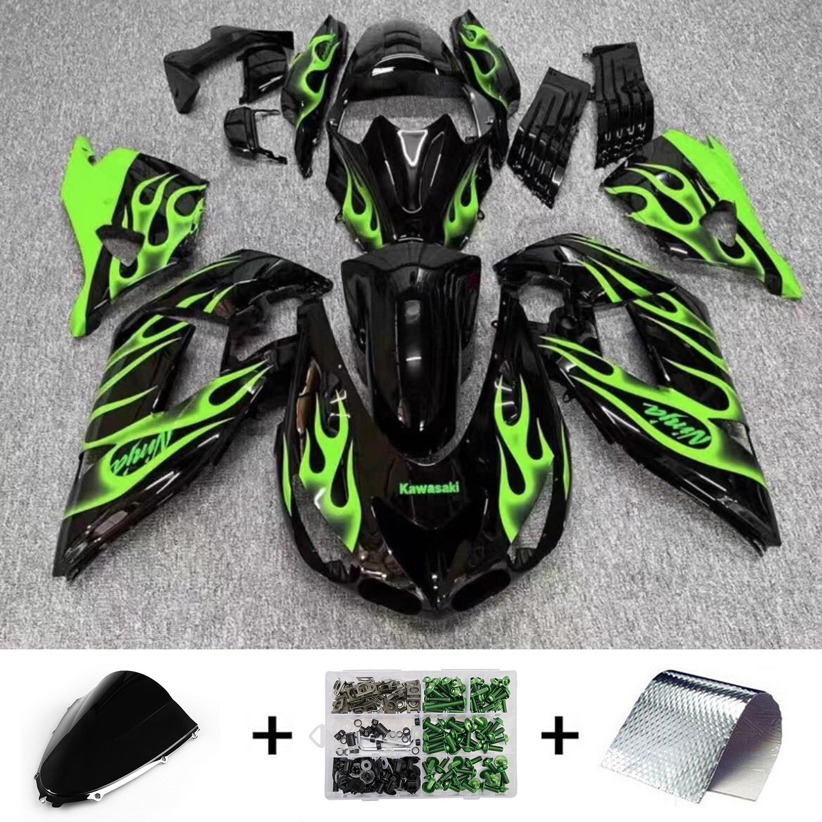 Amotopart 2006-2011 Kawasaki ZX14R ZZR1400 Black Green Flame Fairing Kit
