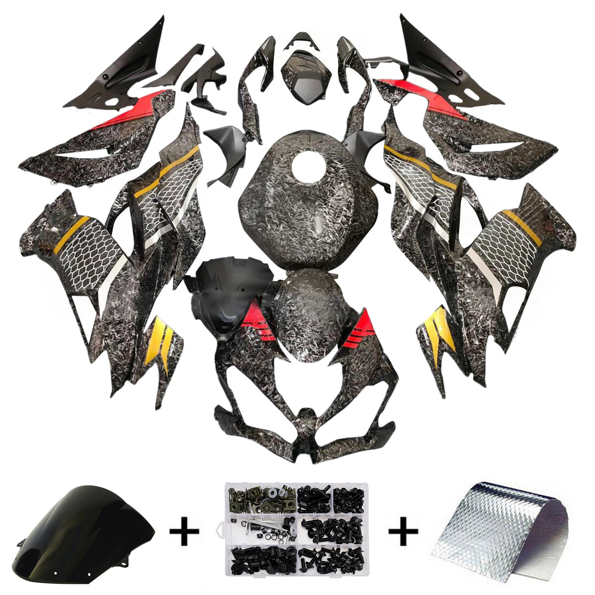 Amotopart 2019-2023 Kawasaki ZX-6R Kit carena modello in fibra di carbonio forgiata nero oro bianco