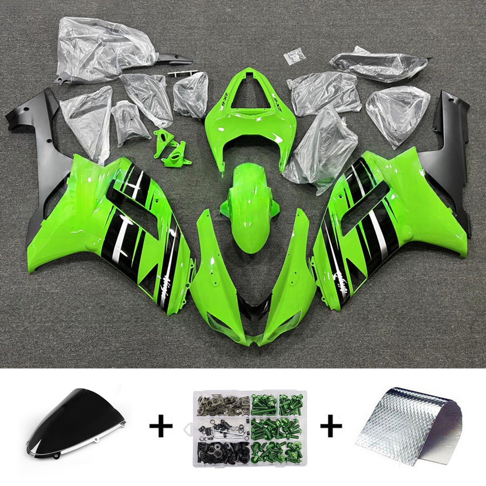 Amotopart 2007-2008 Kawasaki ZX6R 636 Green Balck Fairing Kit