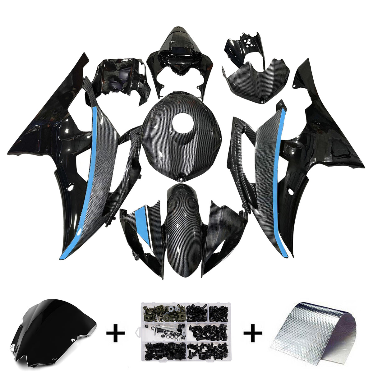 Amotopart 2008-2016 Yamaha YZF-R6 White Black Carbon Fiber Pattern Fairing Kit