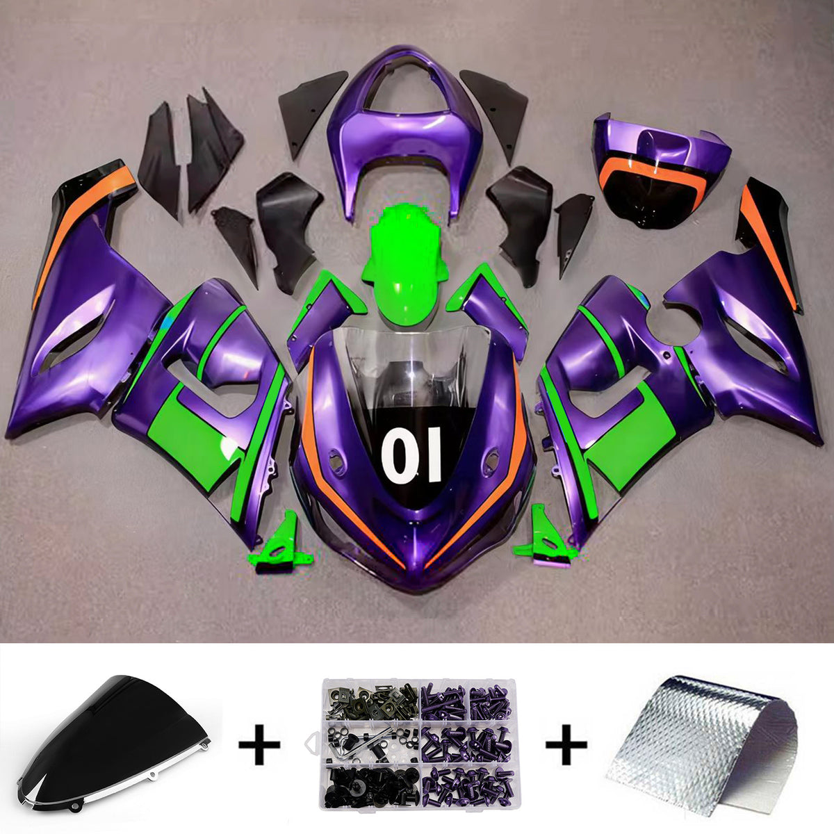 Amotopart 2005–2006 Kawasaki ZX-6R 636 Lila Schwarz Grün Verkleidungsset