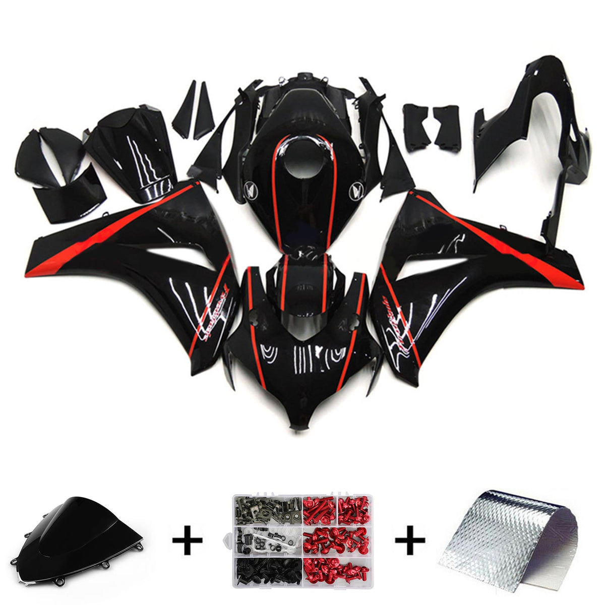 Amotopart 2008-2011 Honda CBR1000RR Kit de carenado negro brillante con franja roja