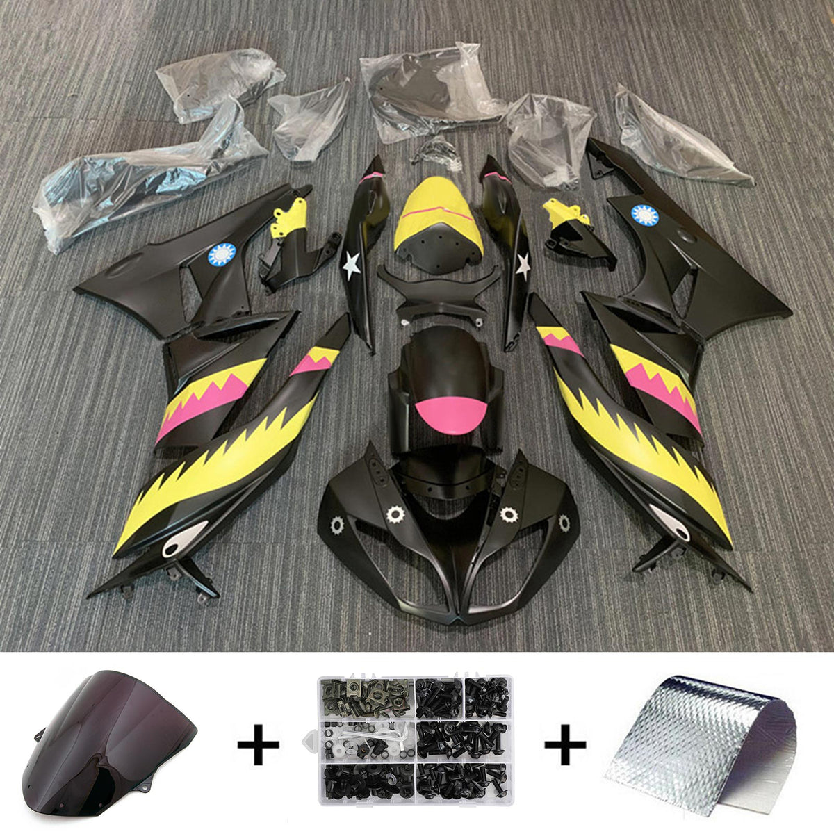 Amotopart 2009–2012 Kawasaki ZX-6R 636 Schwarz Grau Gelb Verkleidungsset