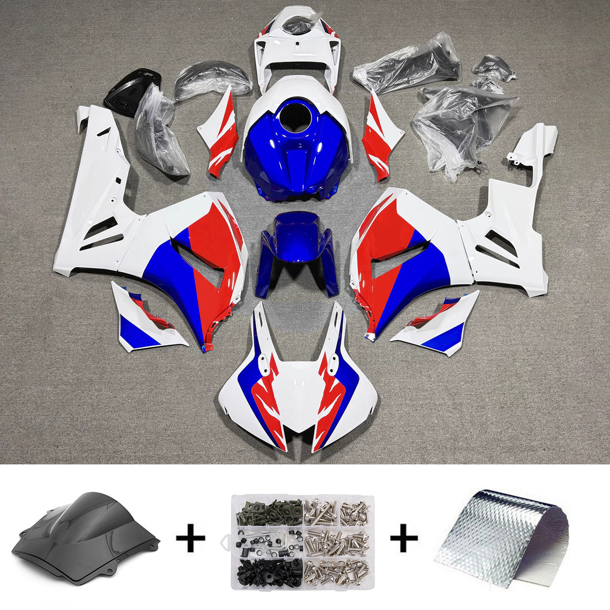 Kit de carenagem Amotopart 2024-2026 Honda CBR600RR branco vermelho azul