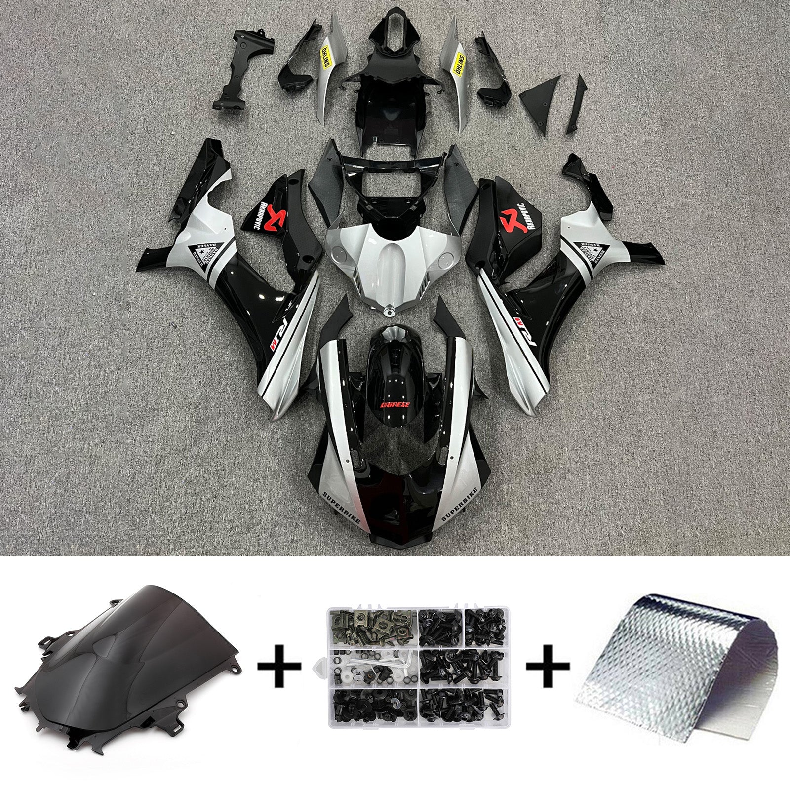 Amotopart Yamaha YZF 1000 R1 2015-2019 Kit de carénage argent brillant et noir