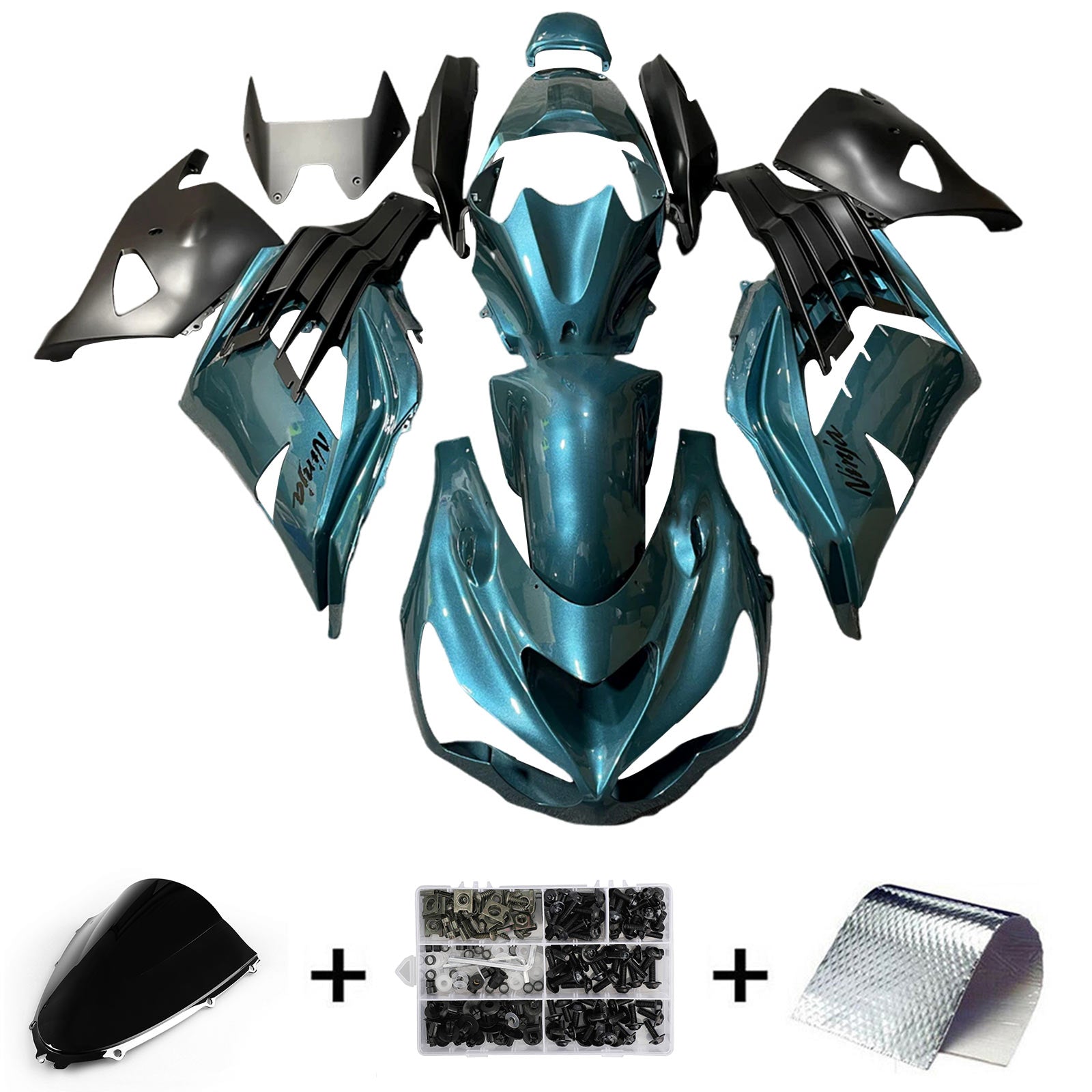 Amotopart 2012-2022 Kawasaki ZX14R ZZR1400 Kit de carenado azul, verde y negro