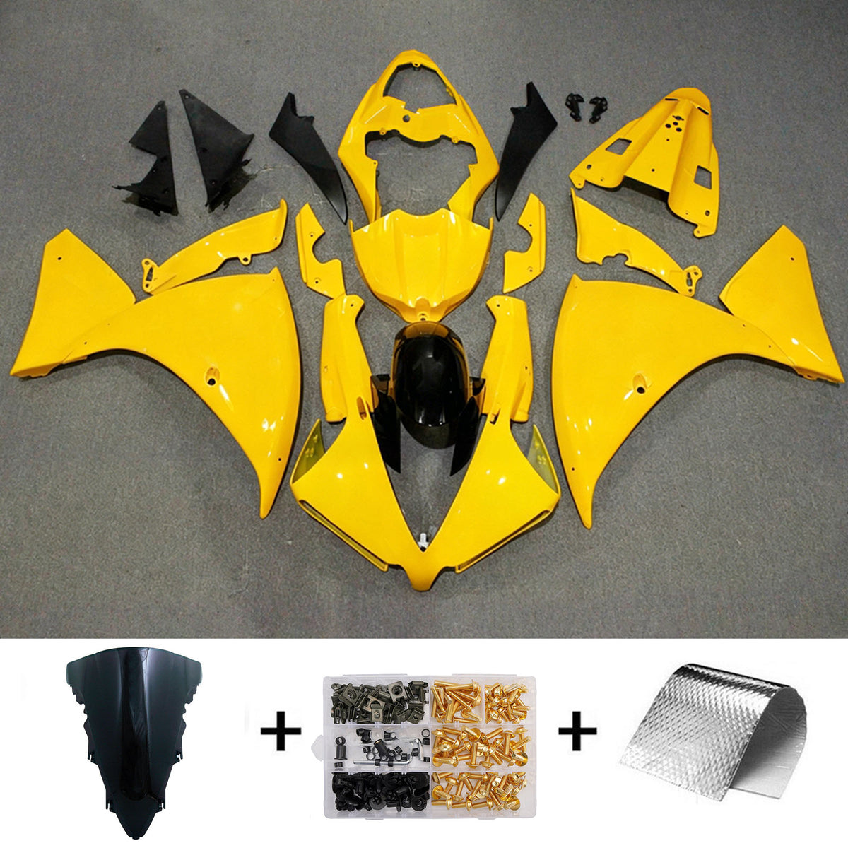 Kit de carenagem Amotopart 2012-2014 Yamaha YZF-R1 preto ouro cinza