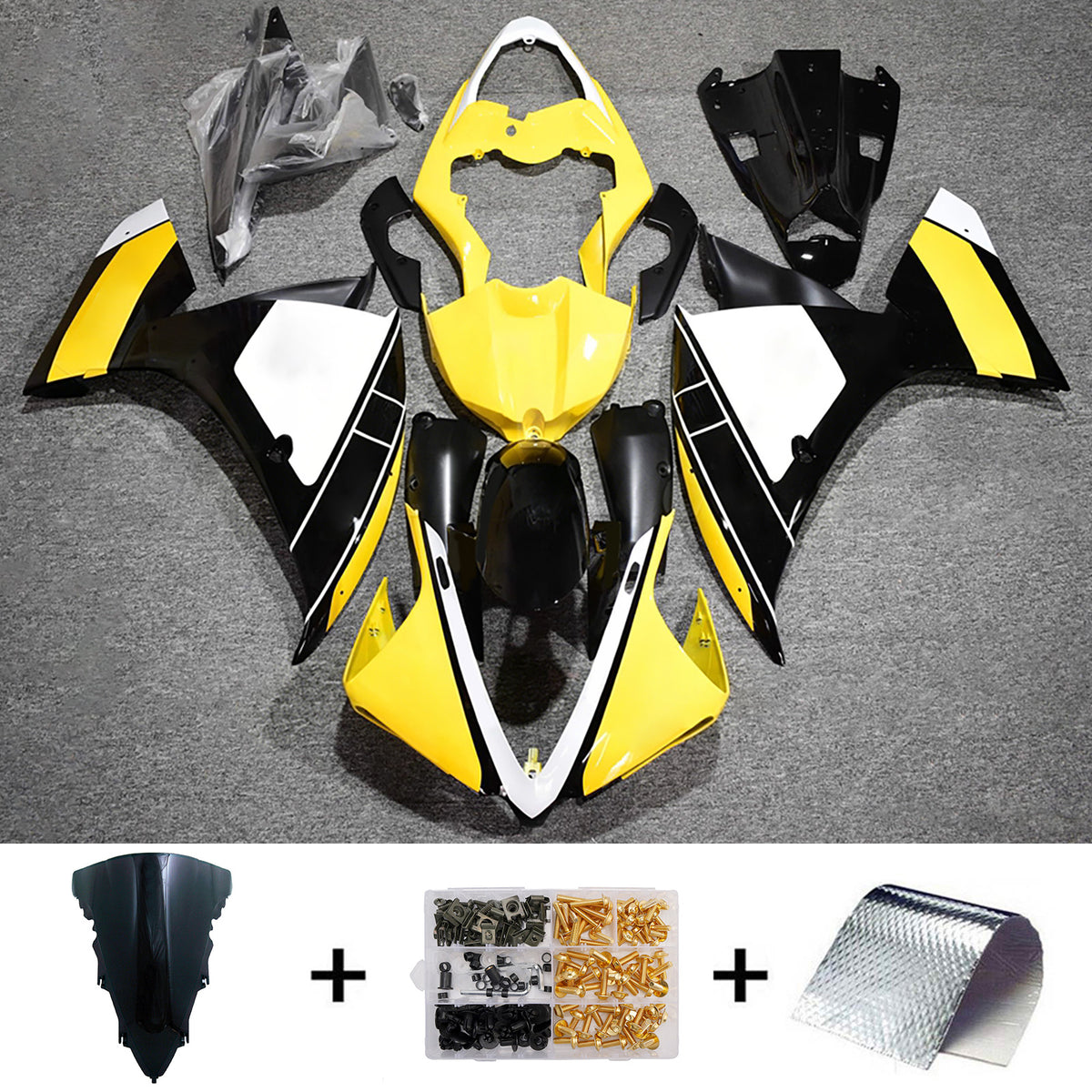 Amotopart 2012-2014 Yamaha YZF-R1 Kit de carénage noir jaune blanc gris