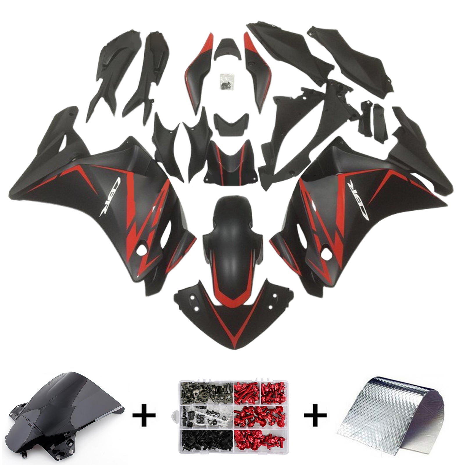 Amotopart 2011-2015 CBR250R Honda nero con kit carena a strisce rosse