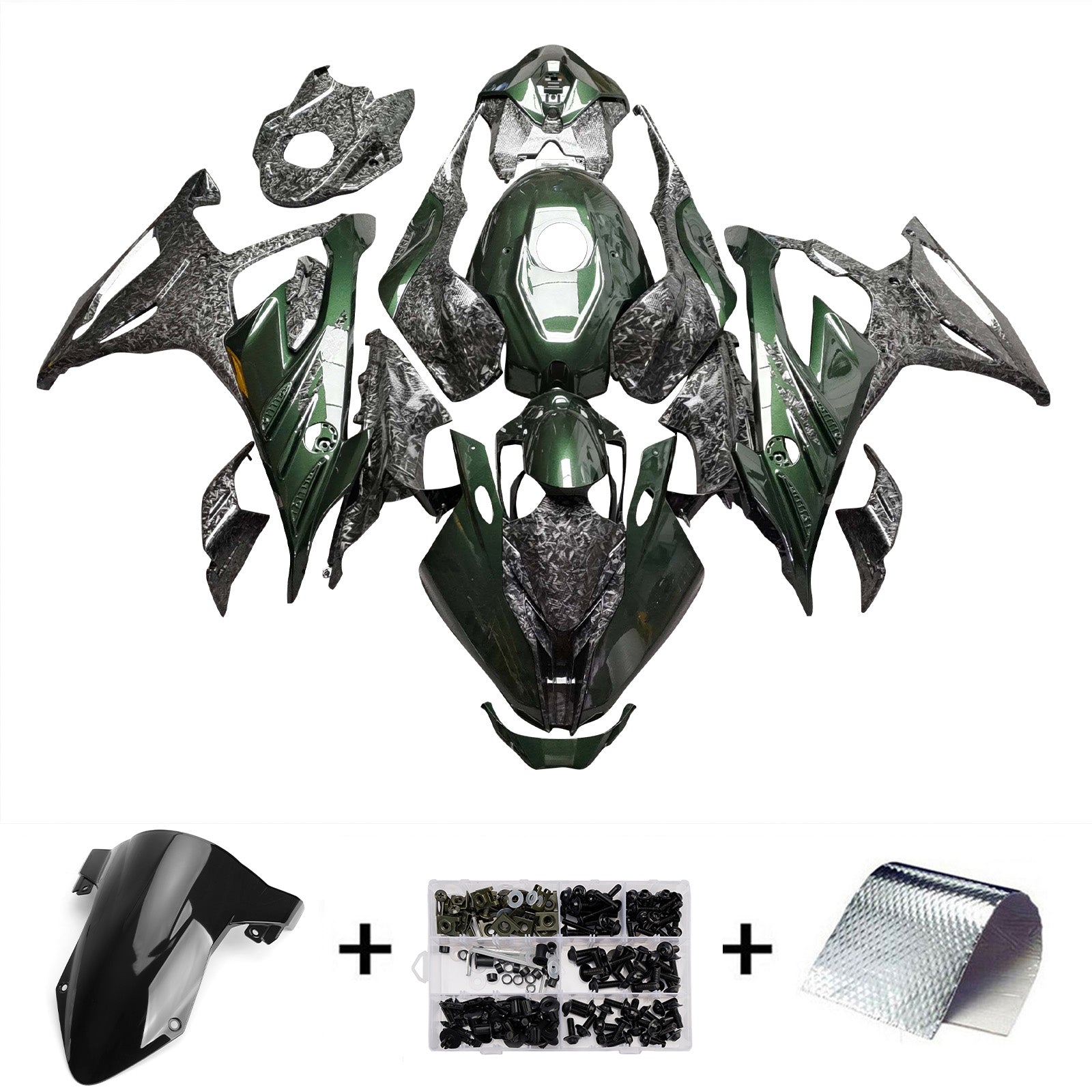 Amotopart 2023-2024 BMW S1000RR Green Black Forged Carbon Fiber Pattern Fairing Kit