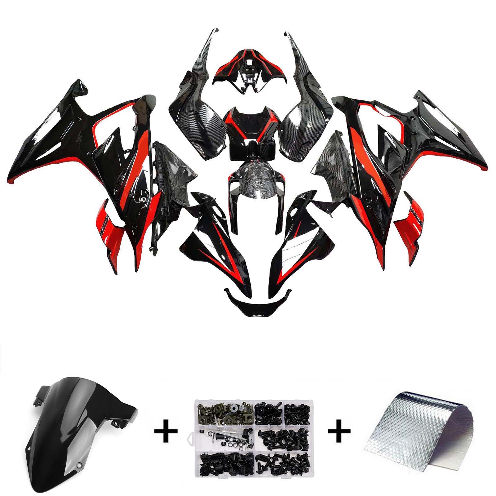 Amotopart 2023–2024 BMW S1000RR Schwarz-Rotes Carbonfaser-Muster-Verkleidungsset