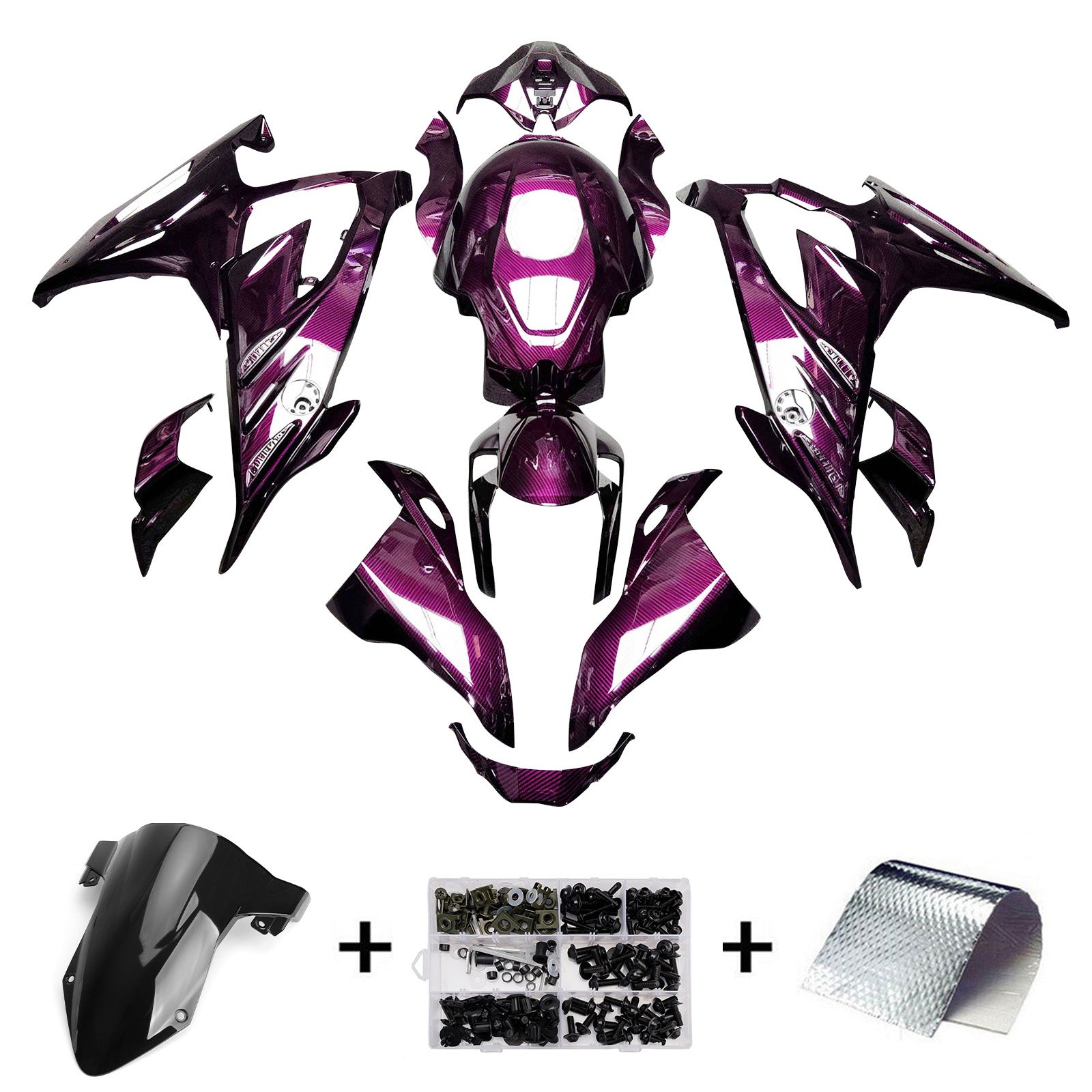 Amotopart 2023–2024 BMW S1000RR Pink Lila Schwarz Karbonfaser-Muster-Verkleidungsset